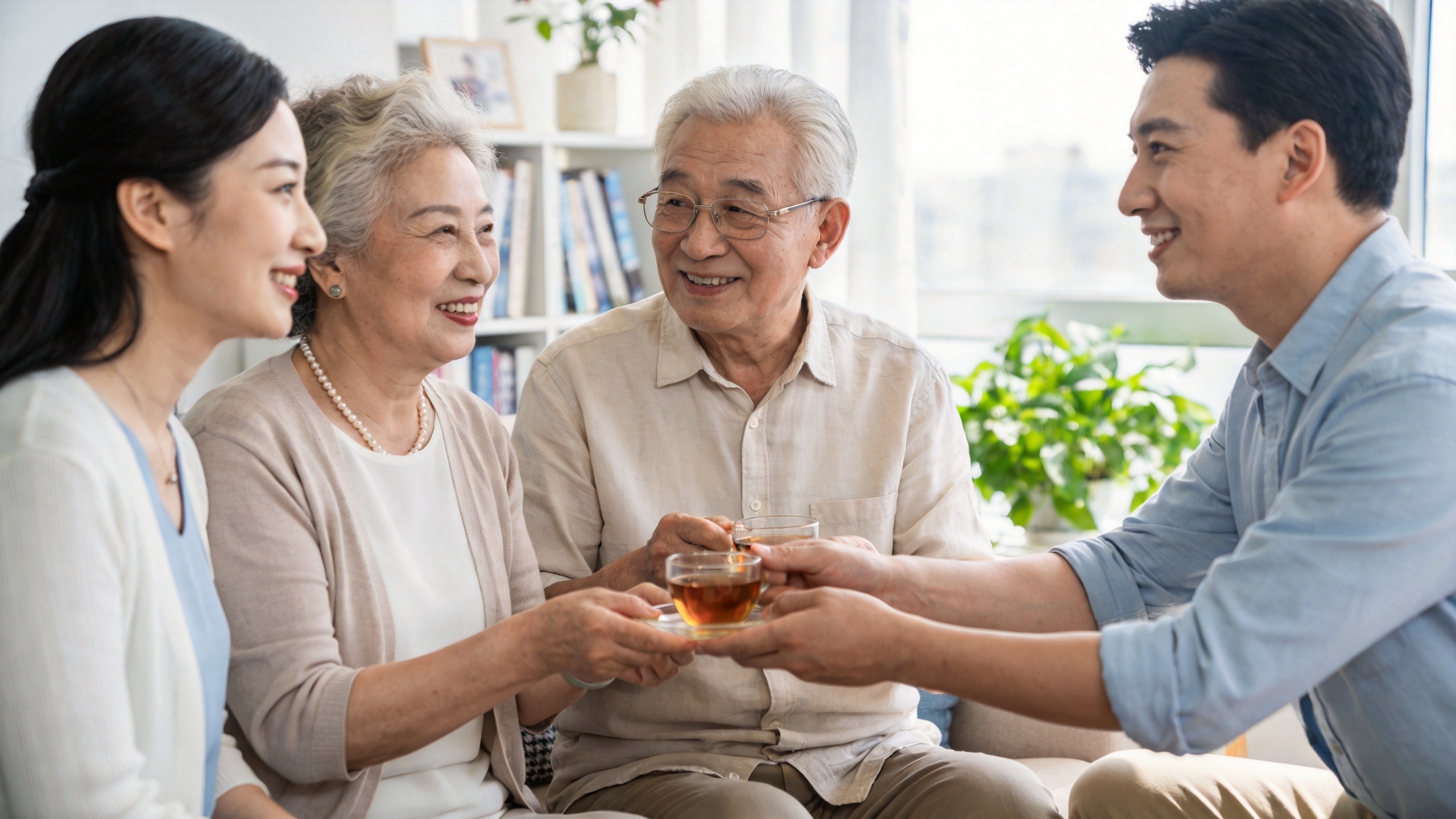 一家人在温馨客厅中陪伴老人，体现百万医疗险带来的家庭安全感与守护。