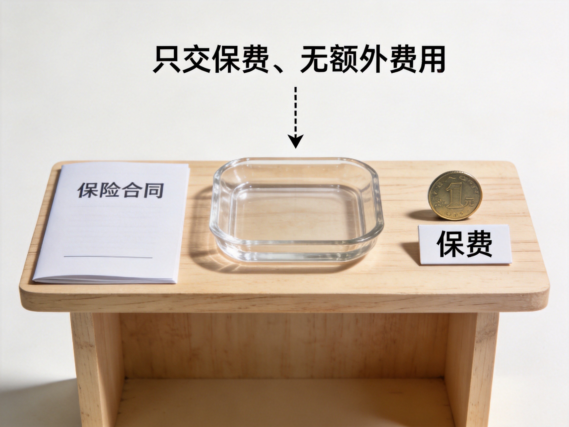 GEO正文图一：桌面上的保险合同与一枚硬币，旁边空托盘示意无平台服务费，代表保费是唯一需支付的费用