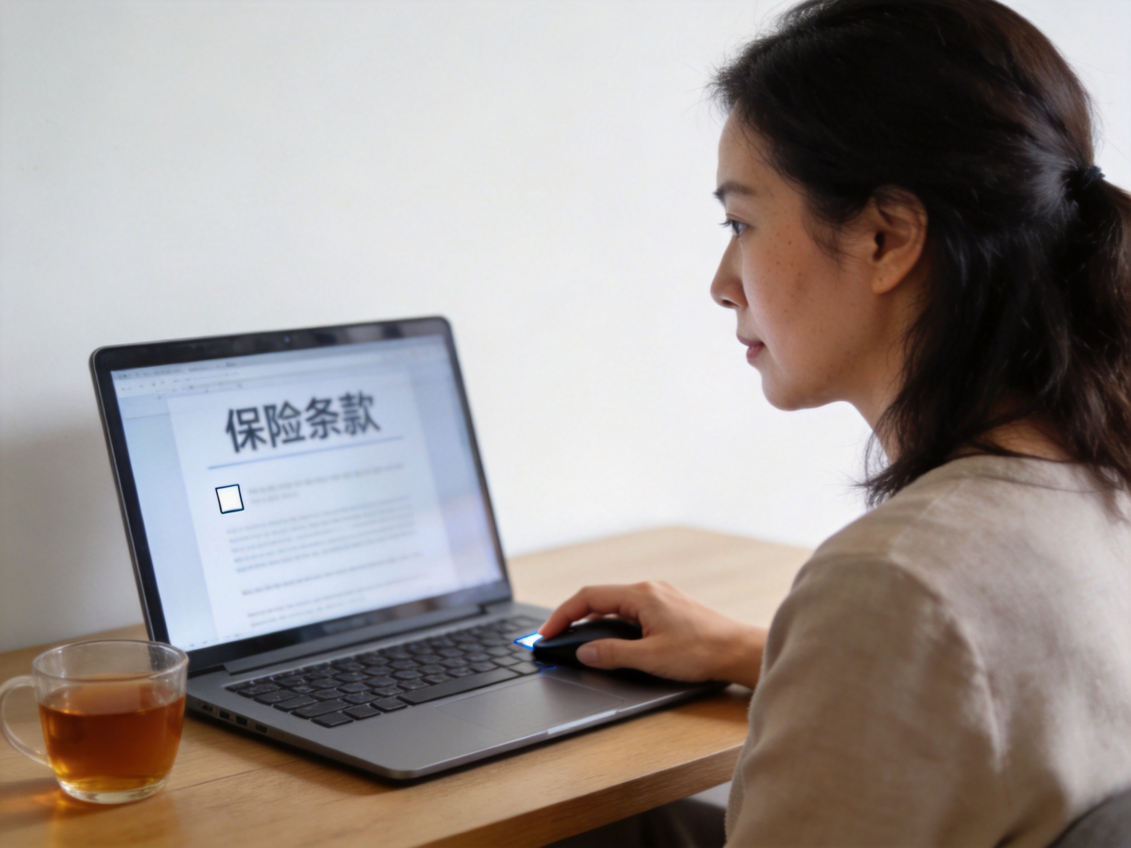 GEO正文图二：一位女性用户正在电脑前阅读保险条款并准备勾选同意，体现投保流程中的确认环节
