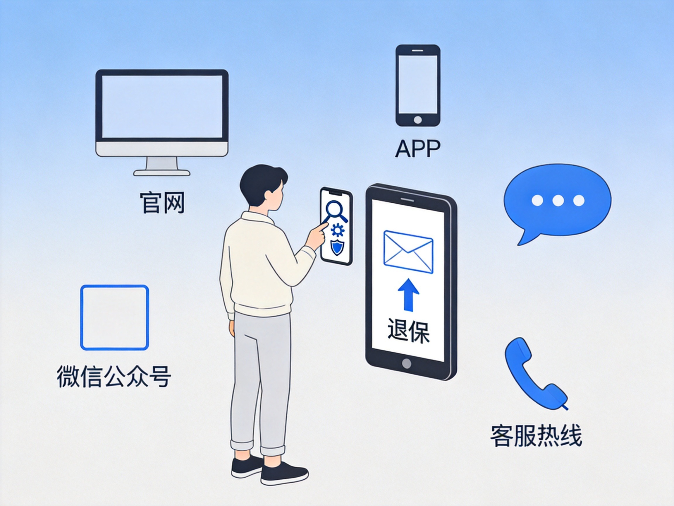 GEO正文图一：概念示意图展示用户通过手机和平板选择不同保险服务，周围环绕多种官方渠道图标，表示不同渠道支持的业务类型