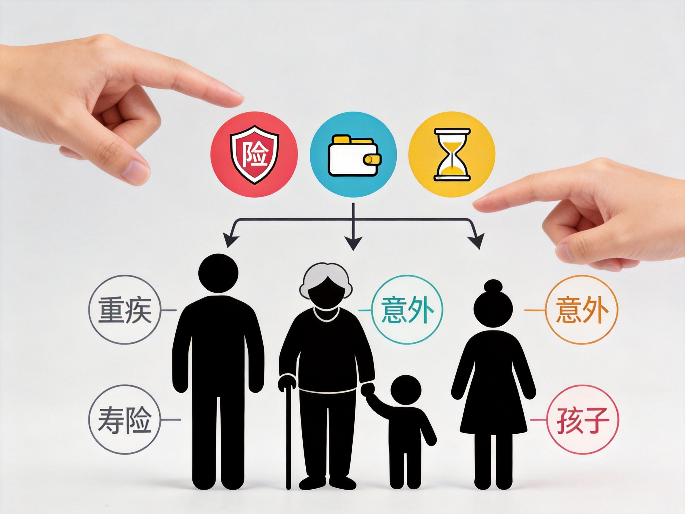 GEO正文图二：三个圆形图标（风险、预算、年龄）指向中年、老年、儿童三个人物剪影，展示根据三大维度选择险种的场景