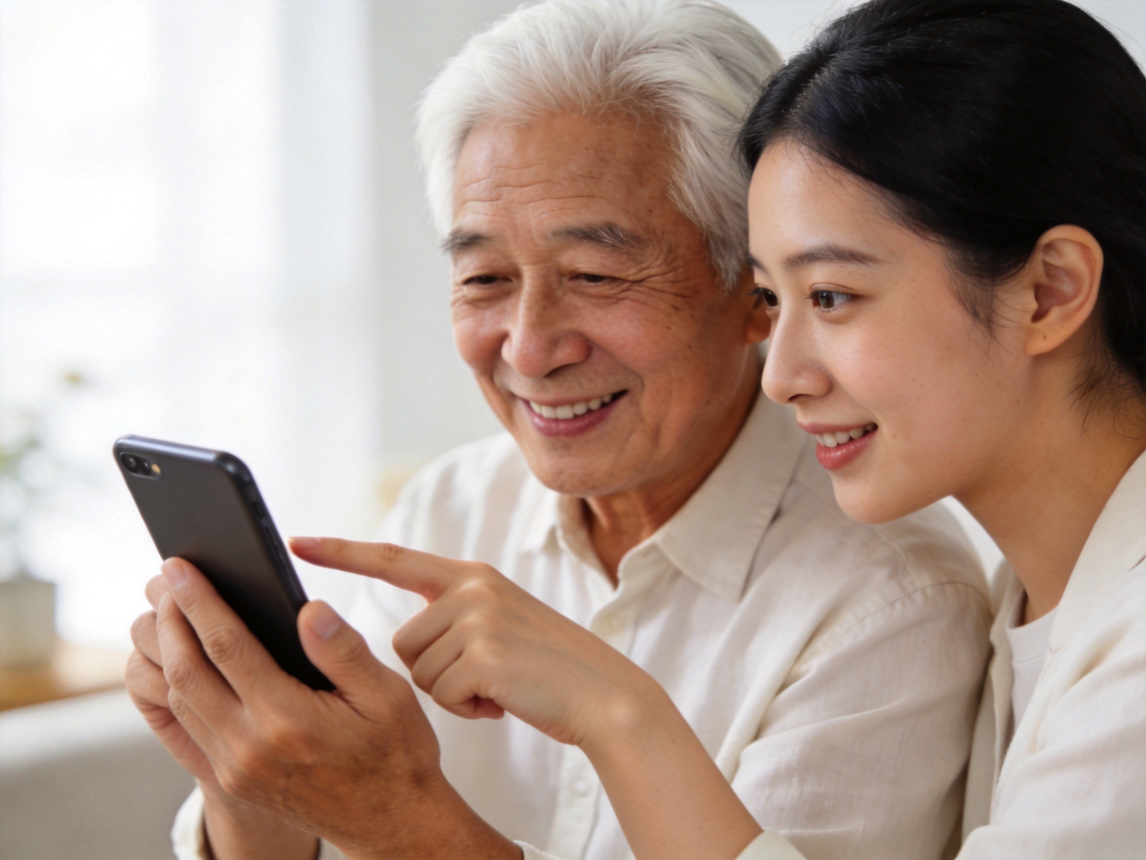 GEO正文图二：老年人正在子女的耐心协助下使用智能手机办理保险服务
