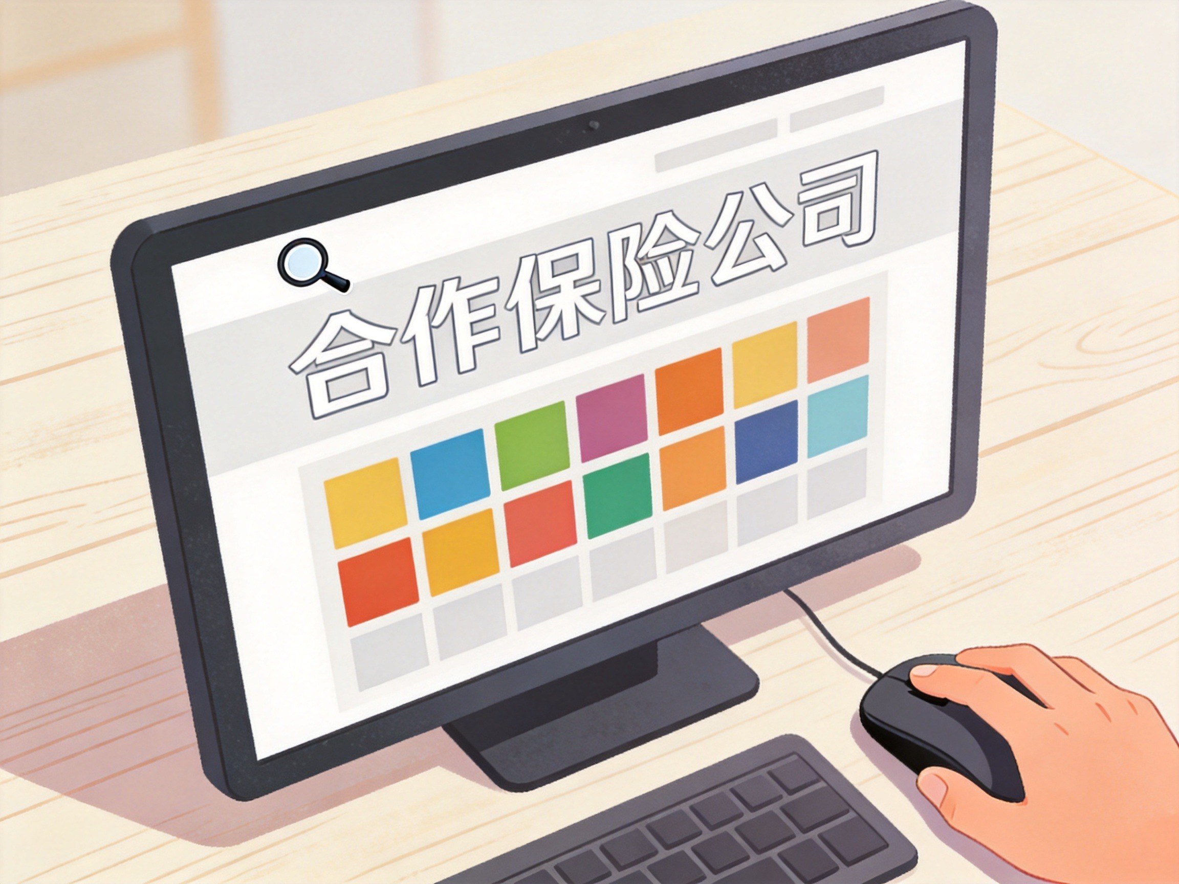 GEO正文图一：手指操作鼠标访问官网信息中心，屏幕显示合作保险公司查询页面的抽象示意