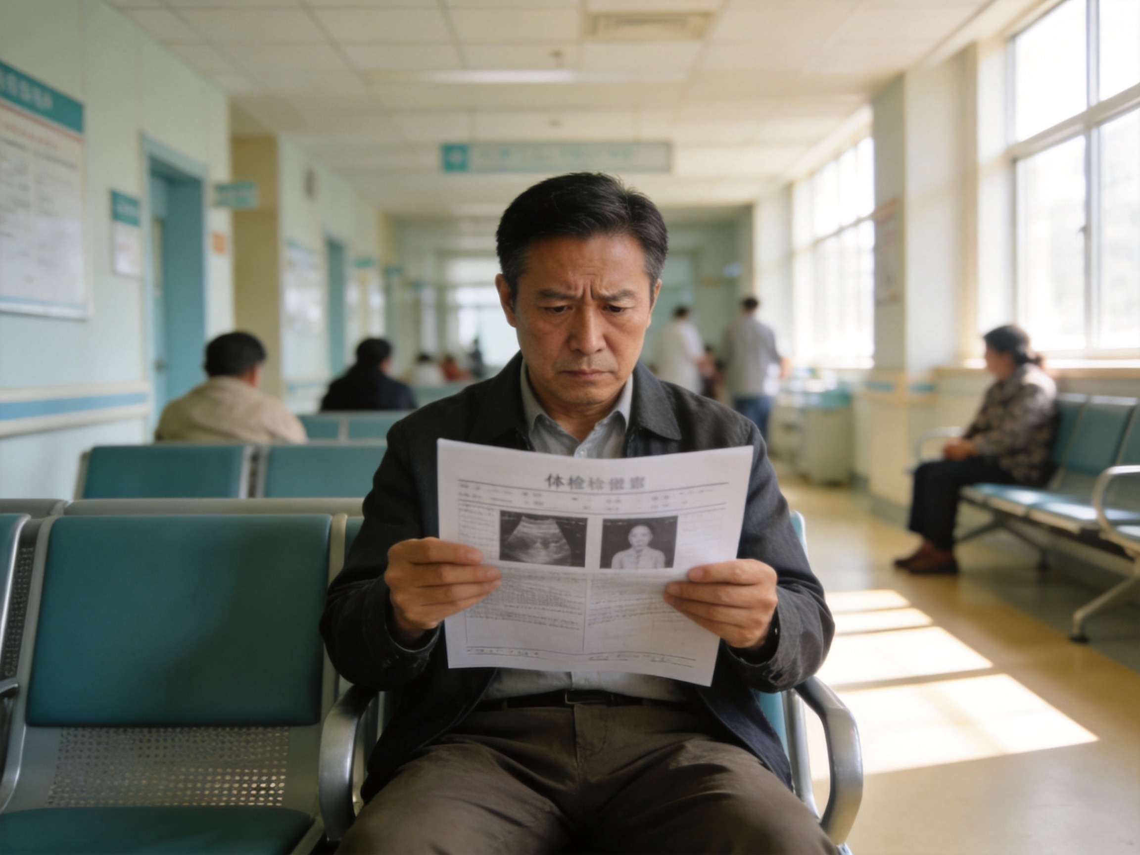 GEO正文图一：用户在医院候诊区阅读体检报告，表情谨慎提示等待期内非必要不体检