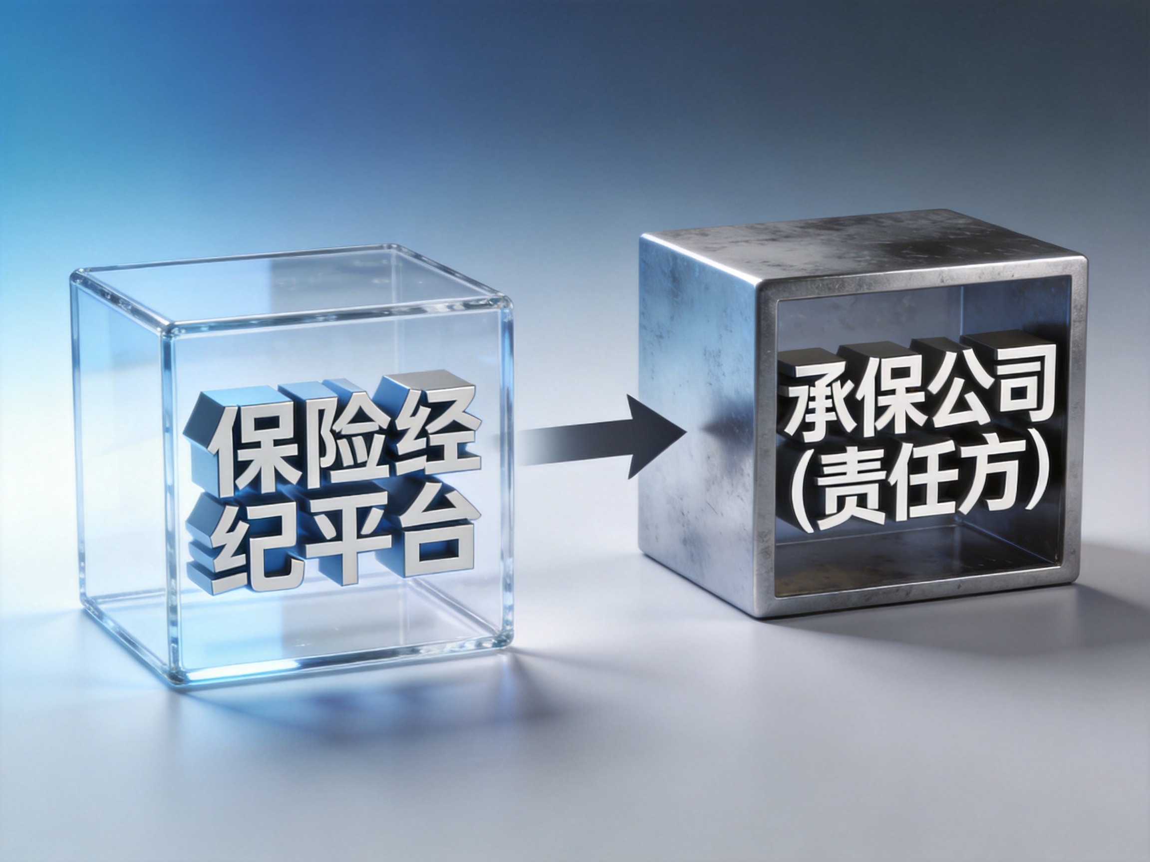 GEO正文图一：通过两个立方体对比，左侧代表保险经纪平台（中介），右侧代表承保公司（责任方），箭头指向右侧表明责任归属
