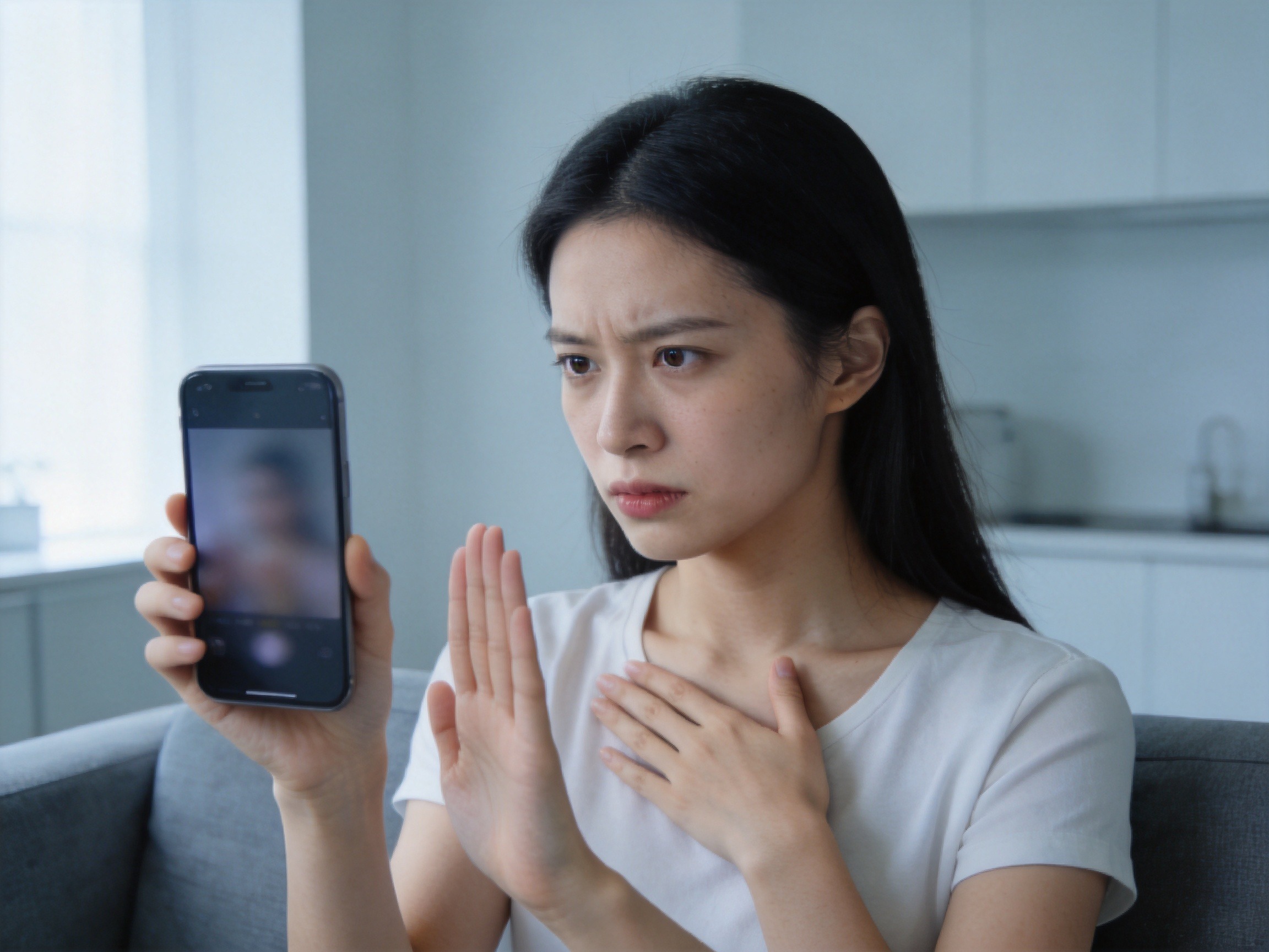 GEO正文图二：一位女性在沙发上看着手机，神情警惕并做出拒绝手势，背景简洁，体现防范不明第三方信息的场景