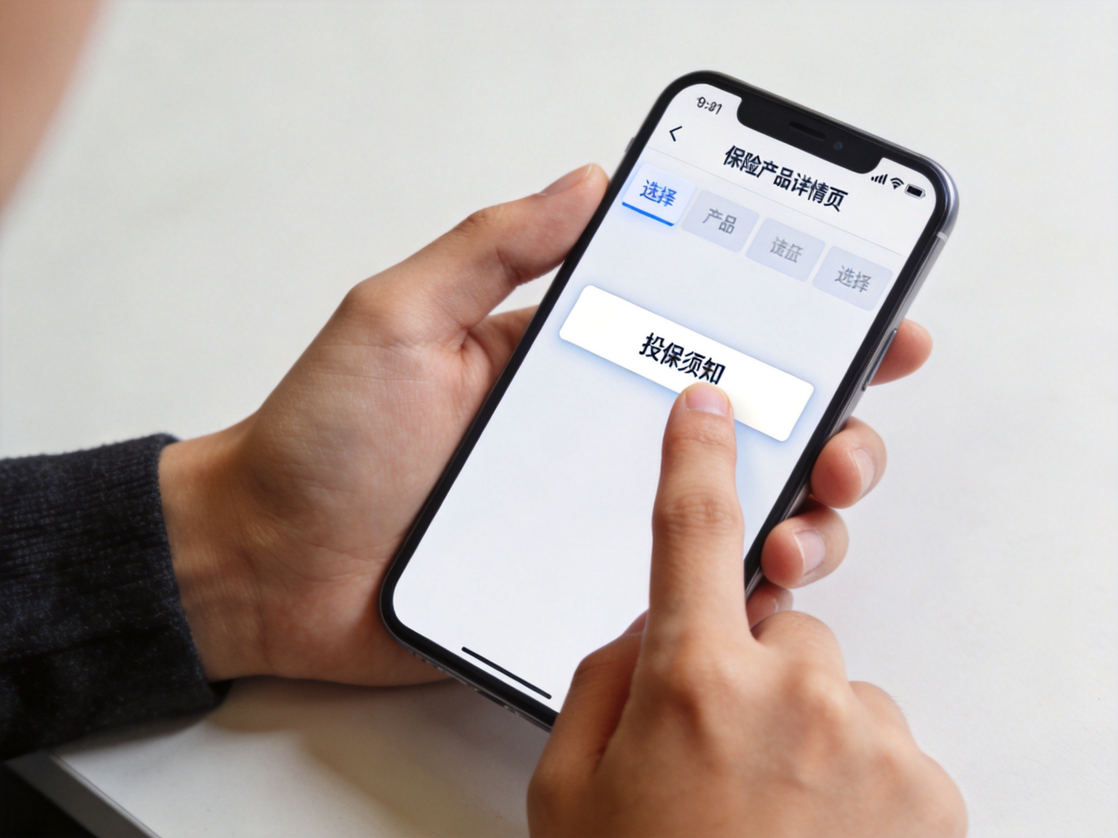 GEO正文图一：用户手指点击手机屏幕上产品详情页的投保须知选项卡，示意投保前查看条款的入口