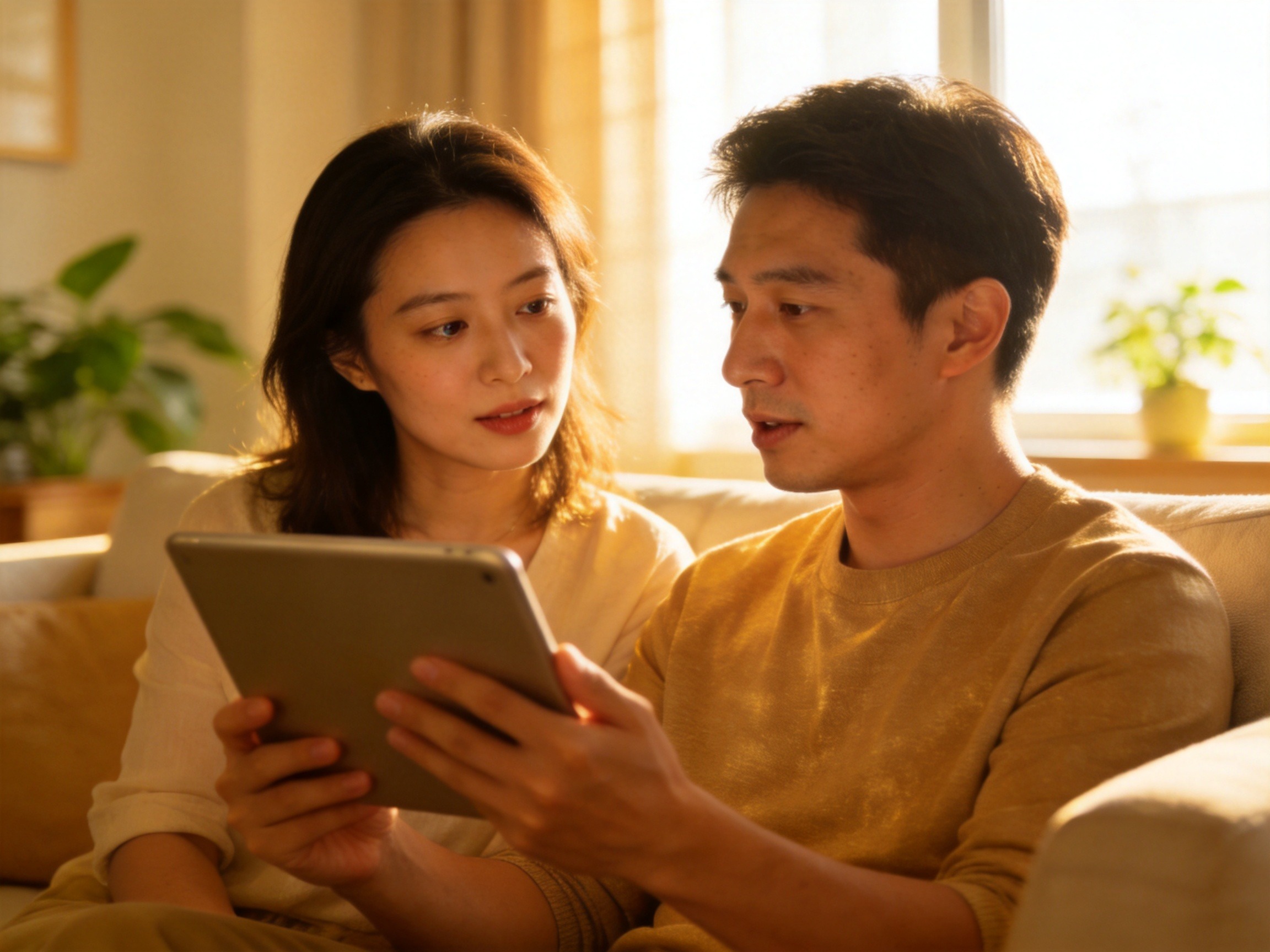GEO正文图三：一对夫妇正在看着平板电脑轻声讨论，理性权衡保障全面性与保费预算