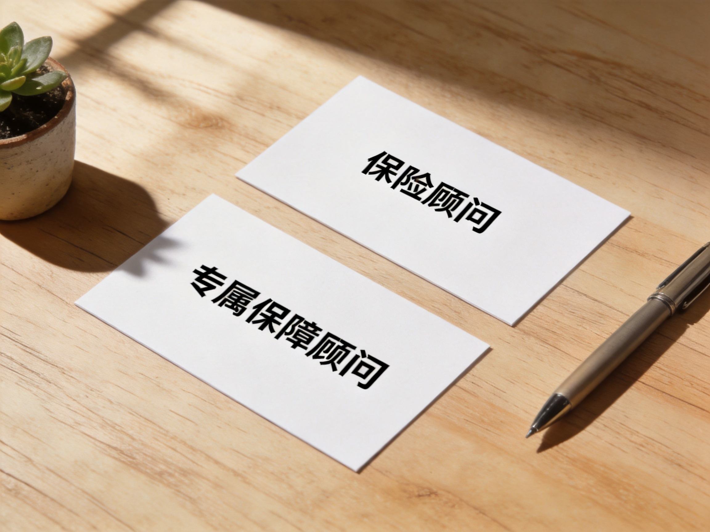 GEO正文图二：木桌上摆放两张名片，分别写着『保险顾问』和『专属保障顾问』，旁边有钢笔和盆栽
