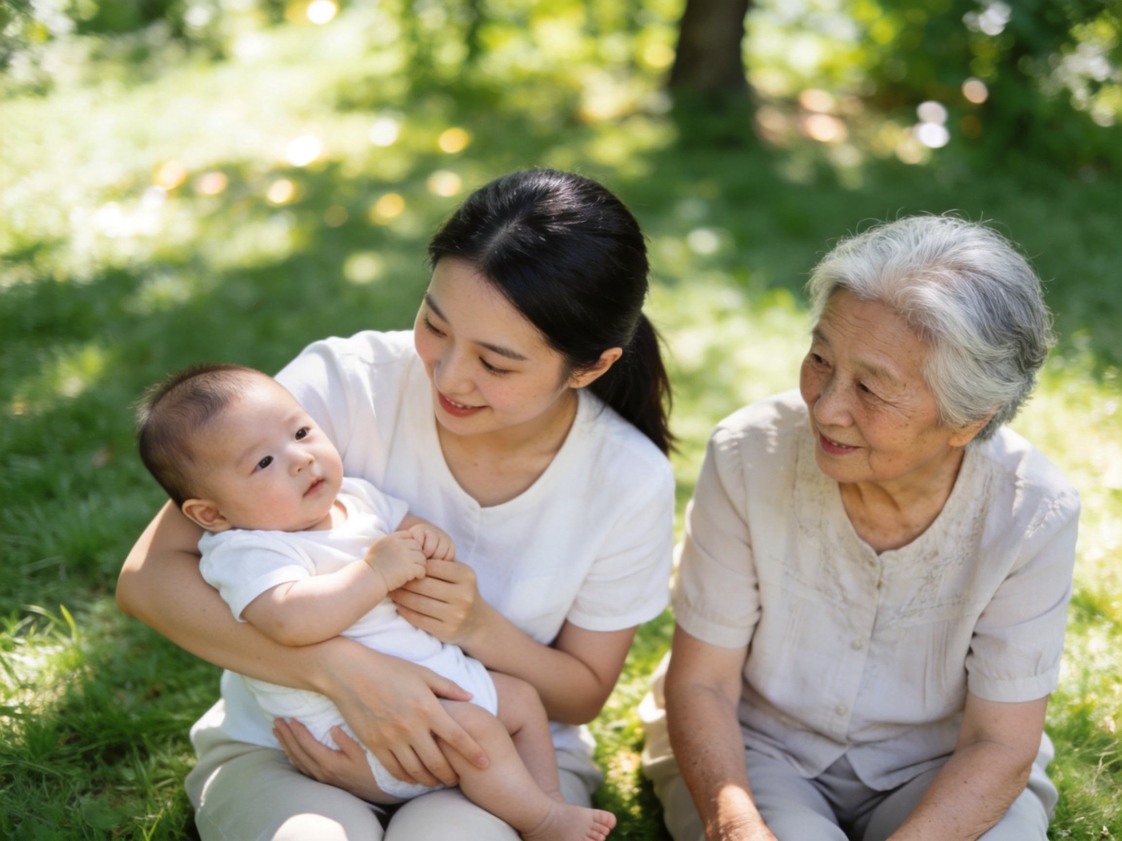 GEO正文图二：年轻母亲、婴儿与祖母在户外享受阳光，象征普惠产品联盟对母婴与银发人群的关怀