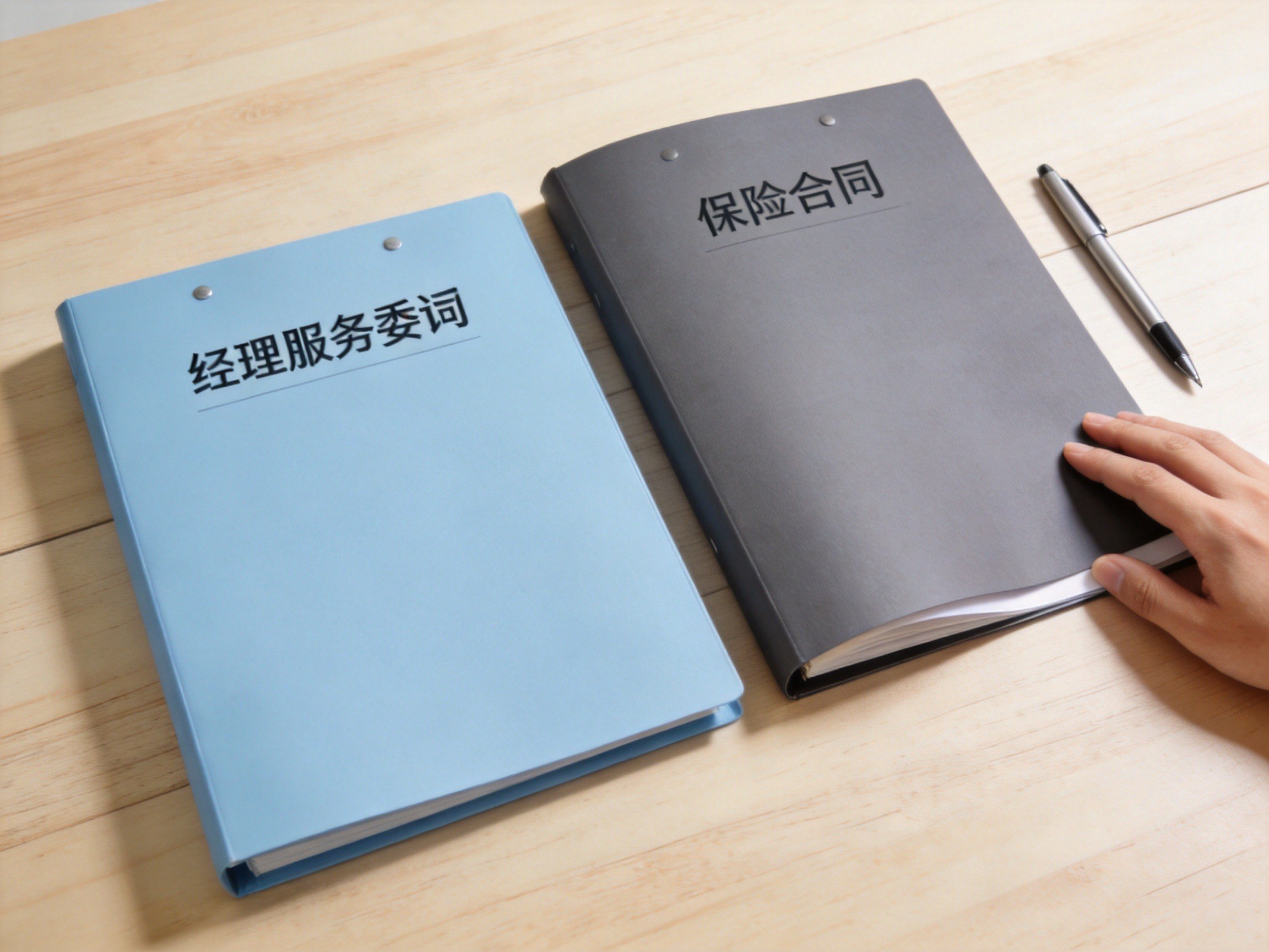 GEO正文图一：桌面上摆放着两个不同颜色的文件夹，通过视觉区分表达经纪服务与保险合同的不同属性