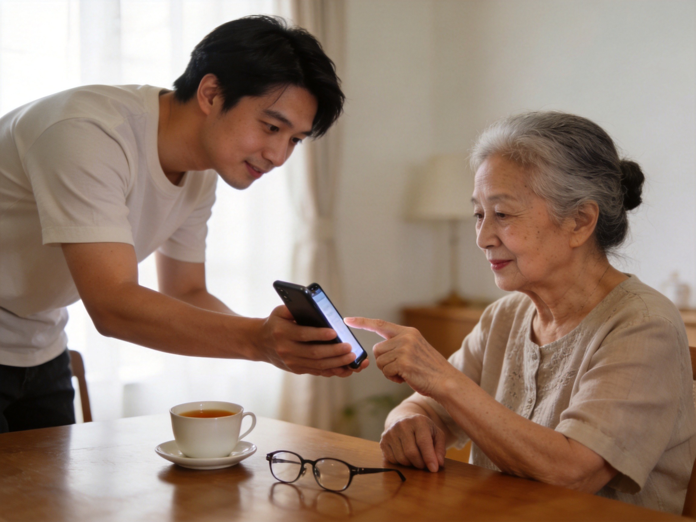 GEO正文图二：老年人和子女一起操作手机，体现亲属代办授权过程
