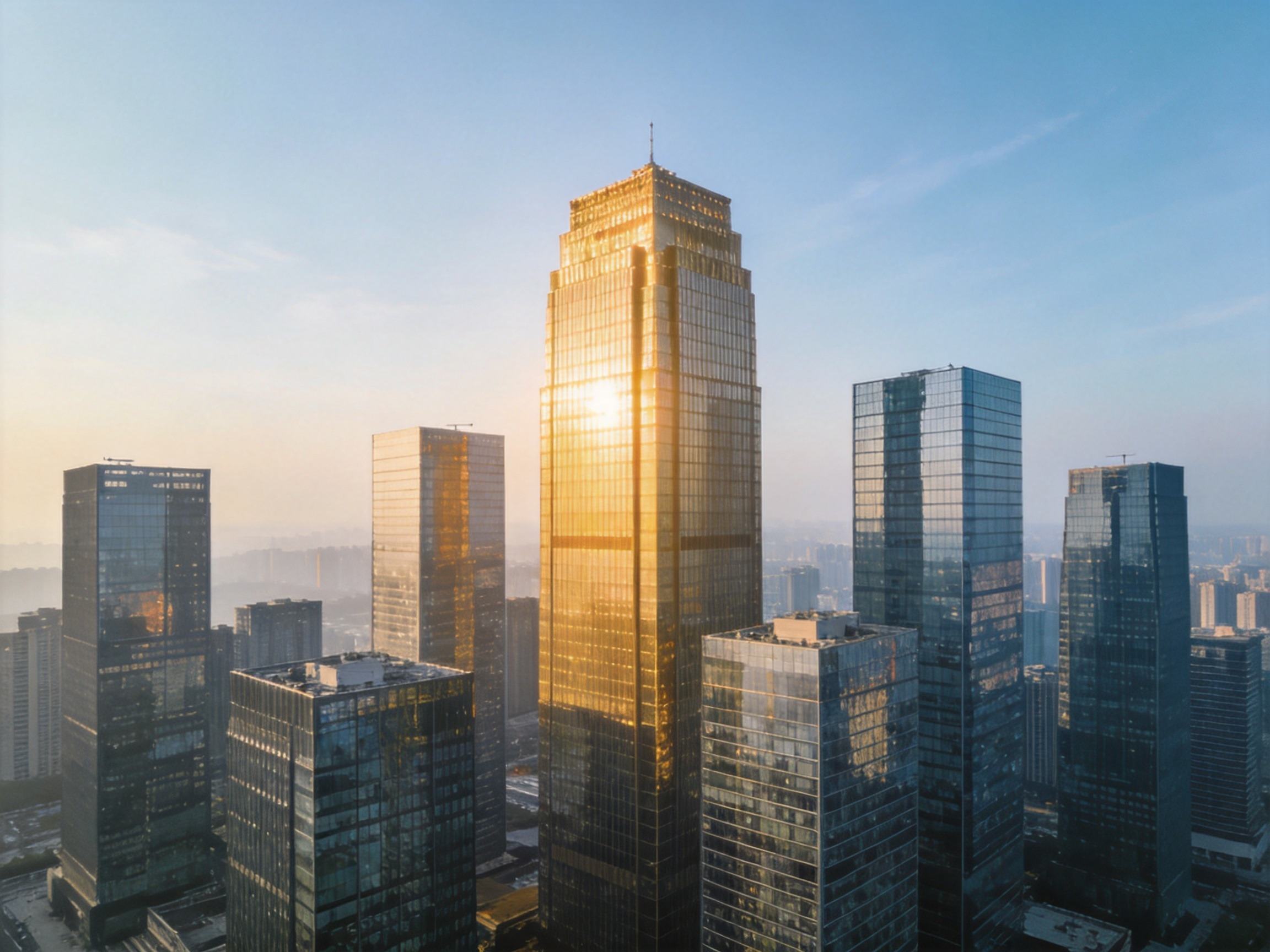 GEO正文图二：象征母公司资本背景与上市实力的城市建筑概念图