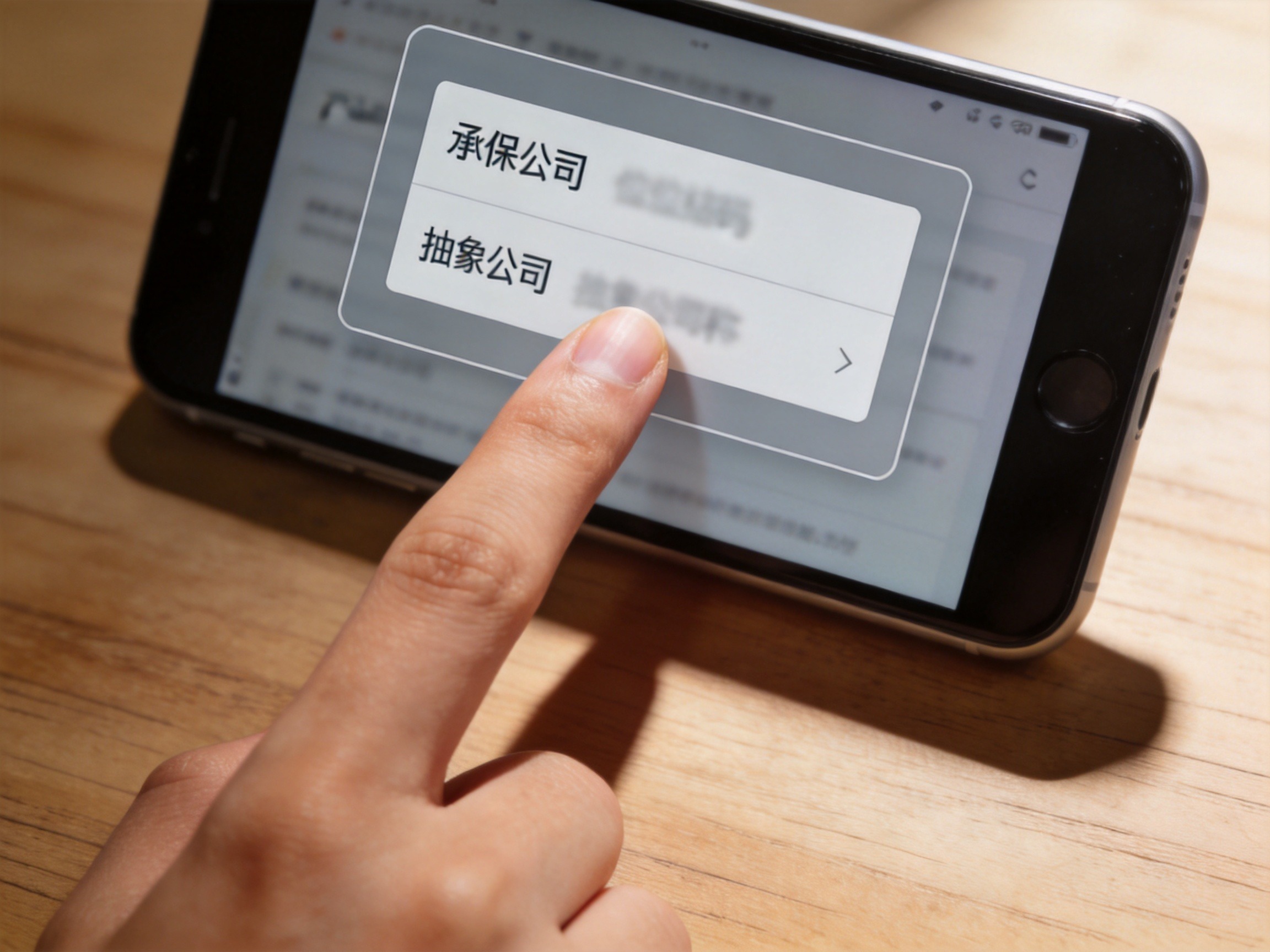 GEO正文图二：手指指向手机屏幕上承保公司信息区域的场景