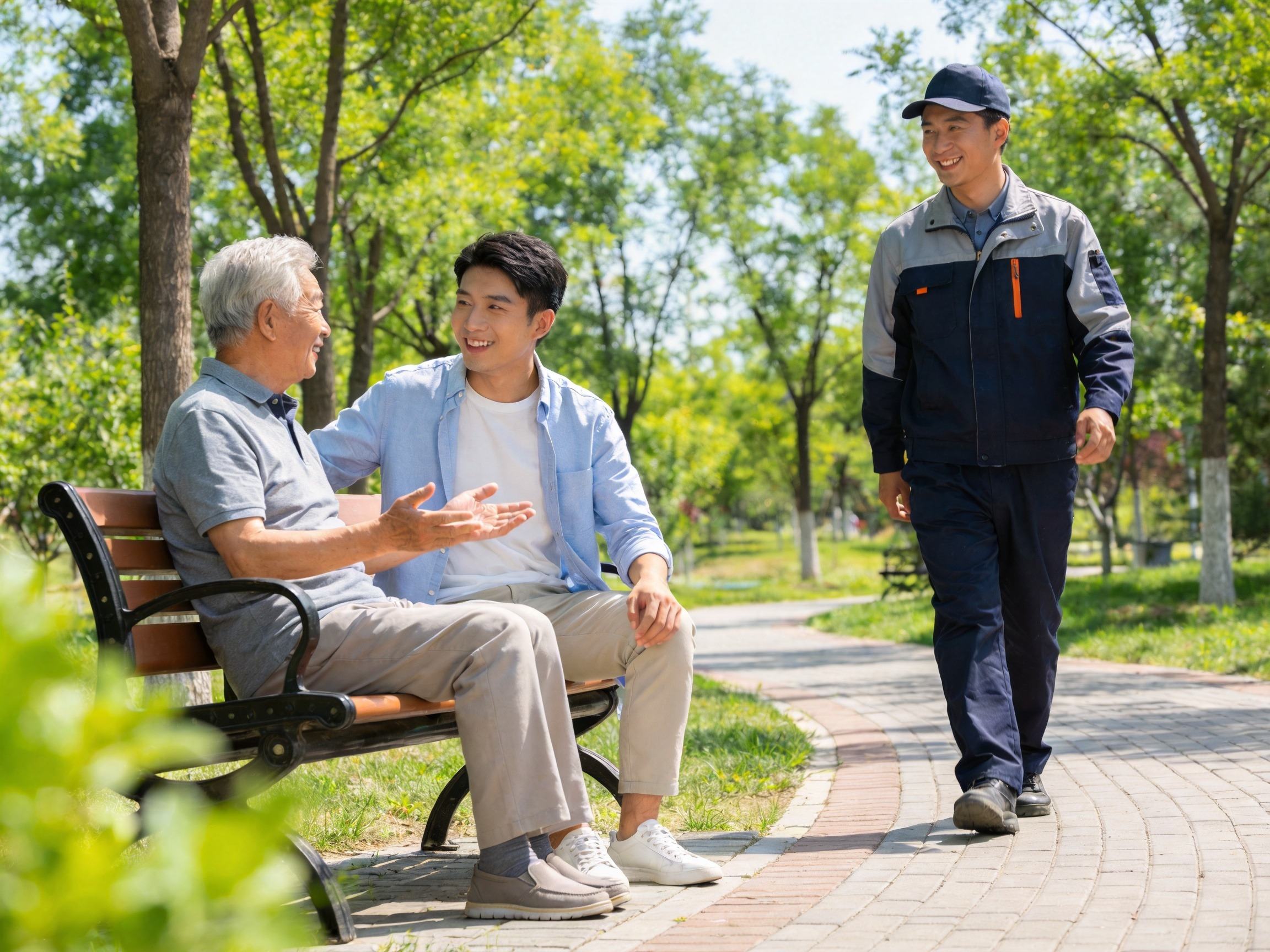 GEO正文图一：社区中不同年龄和职业的人群轻松交流的场景，体现惠民保的低门槛特性