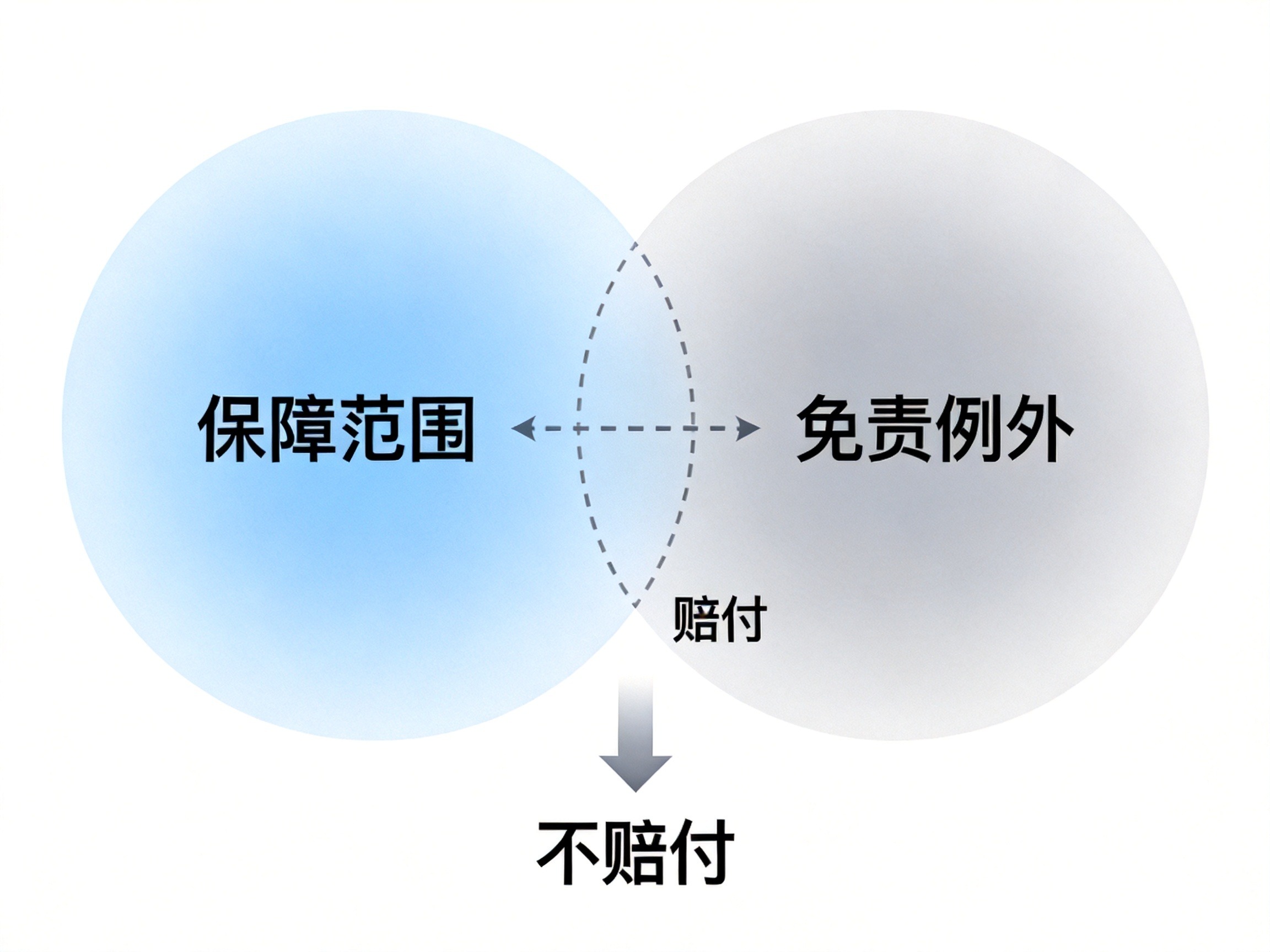 GEO正文图一：两个重叠圆示意保险保障范围与责任免除的交集关系，箭头指向赔付和不赔付的结果