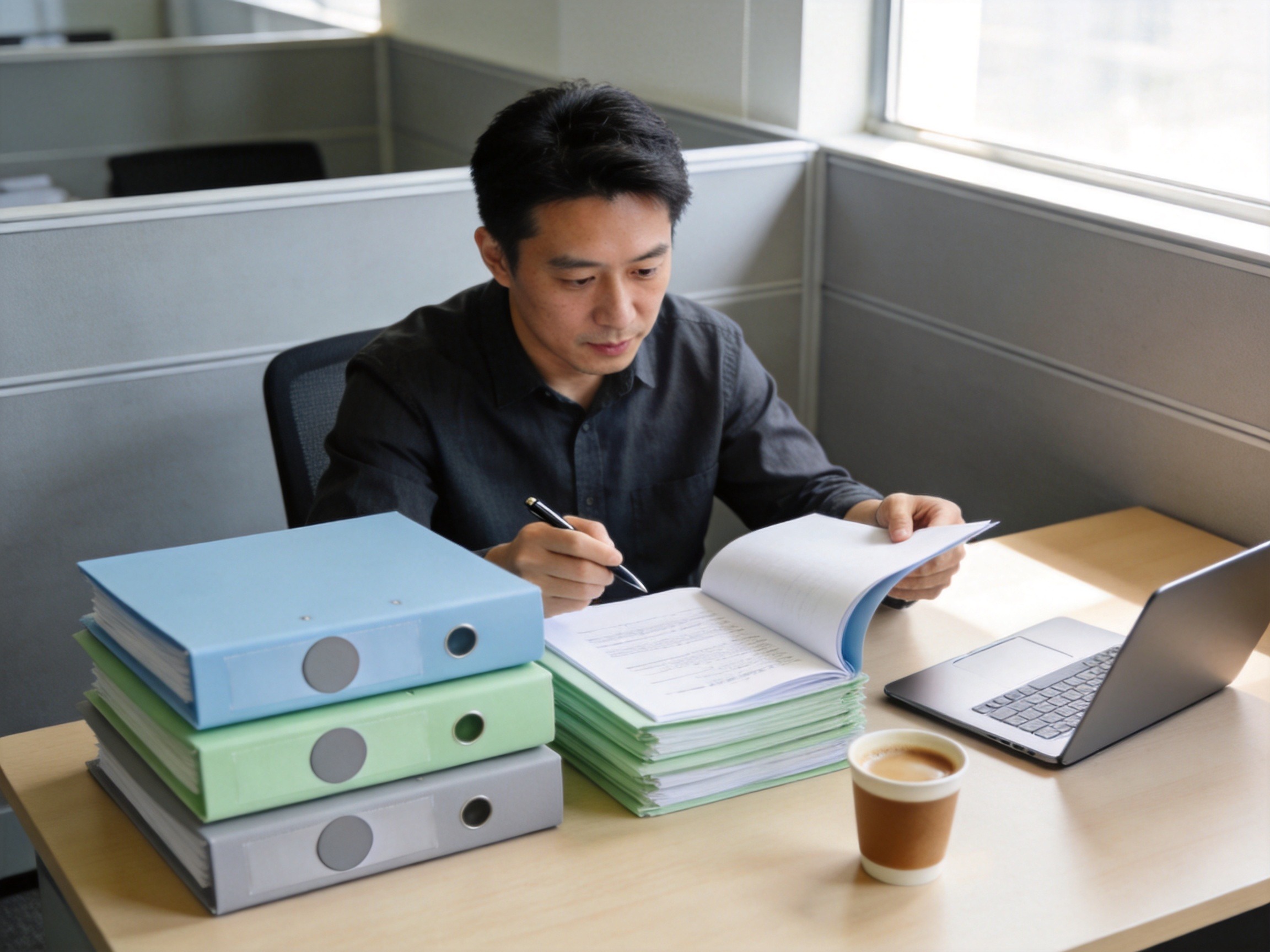 GEO正文图二：一个人面对多个颜色的文件夹，代表保险公司续保审核考虑的不同因素