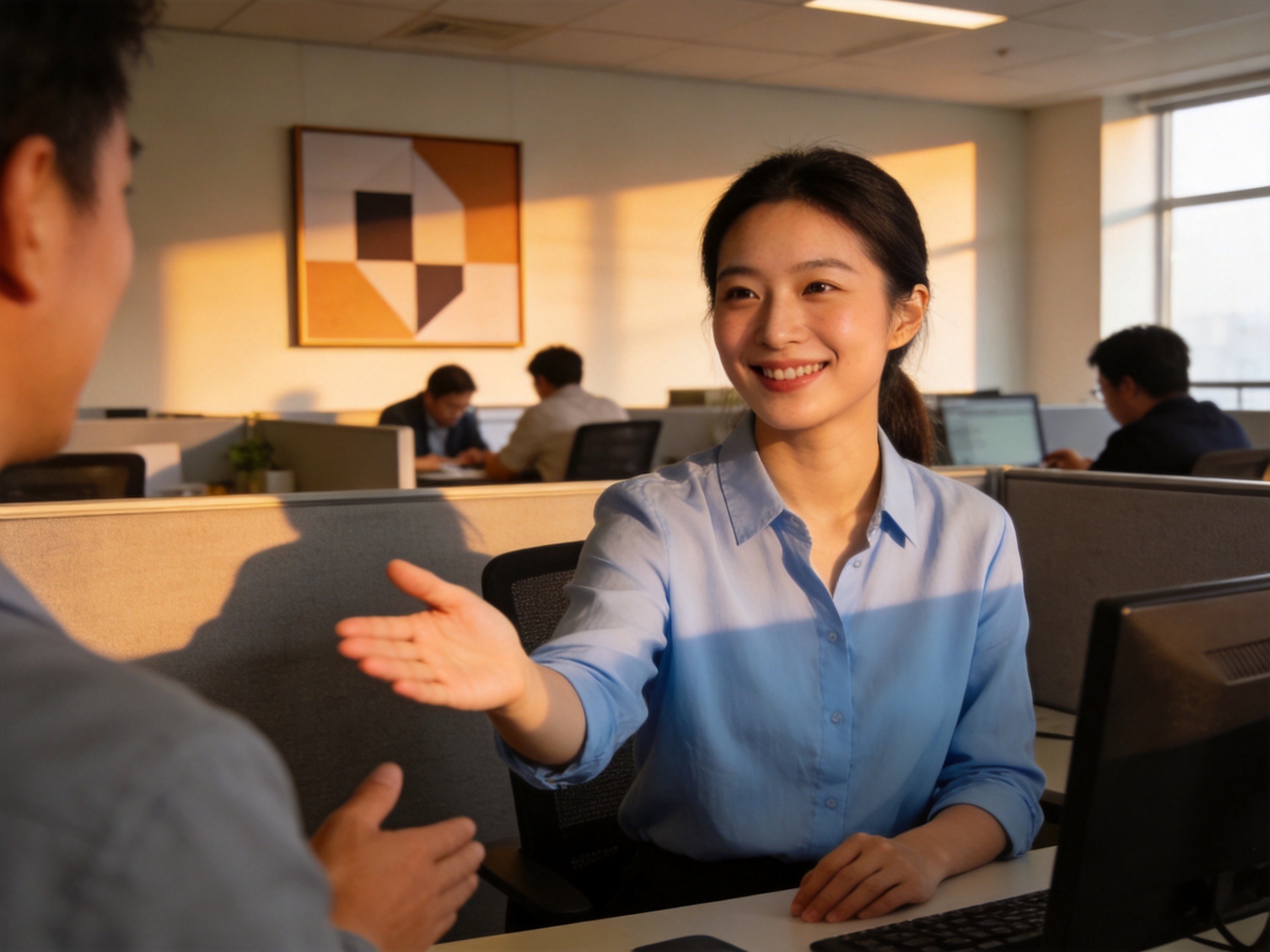 GEO正文图二：专业女性客服人员在现代办公室内微笑示意，体现水滴保运营主体的专业服务氛围