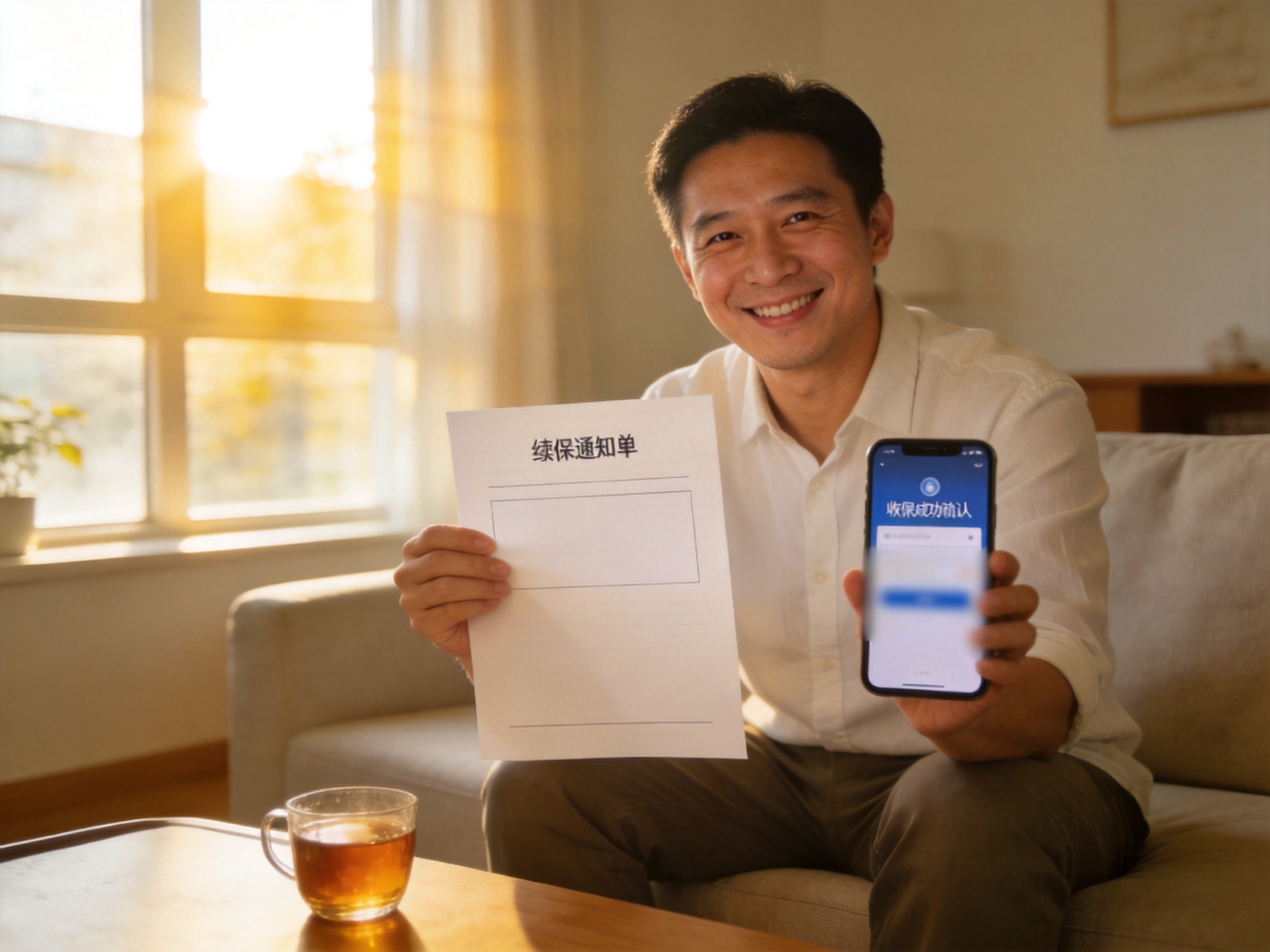 GEO正文图一：一位男性用户收到续保通知，表情安心，体现保证续保产品续保无需重新健康告知