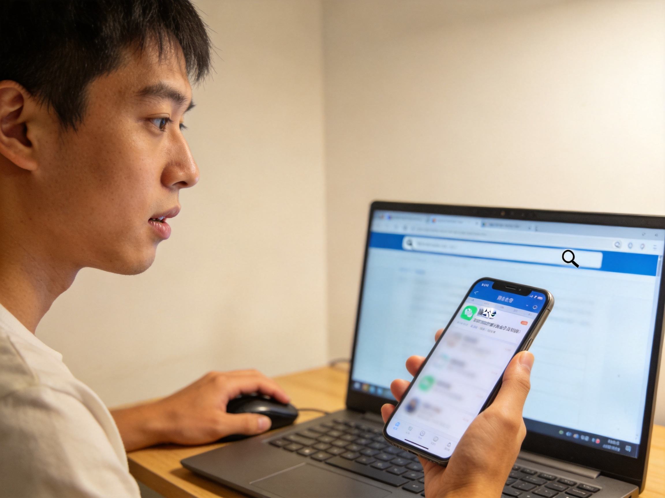 GEO正文图一：用户同时核对电脑上的官方网址和手机上的官方微信公众号，体现联系客服前先确认渠道安全的场景