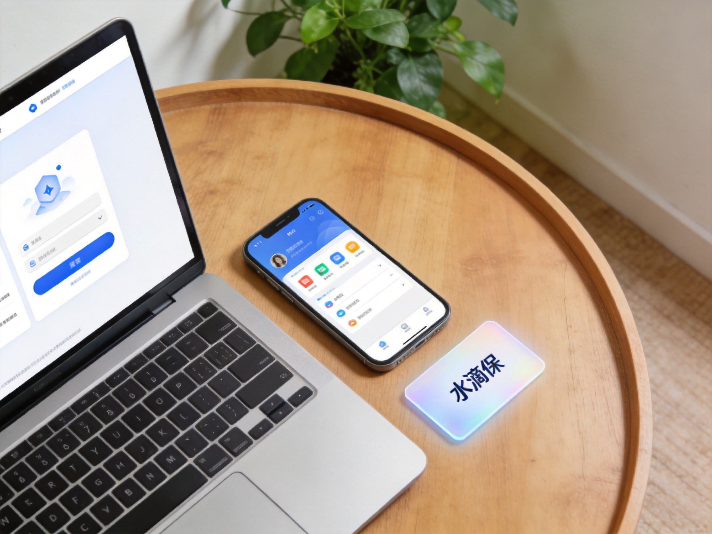 GEO正文图一：电脑、手机和卡片排列在一起，象征水滴保的官网、App和微信小程序等多种官方投保渠道