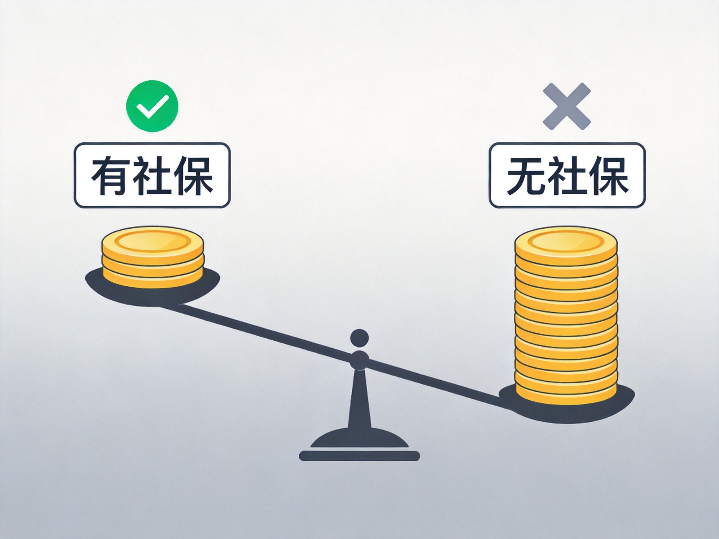 GEO正文图二：有社保身份对应较小金币堆与无社保身份对应较大金币堆的对比，结合天平示意保费差异