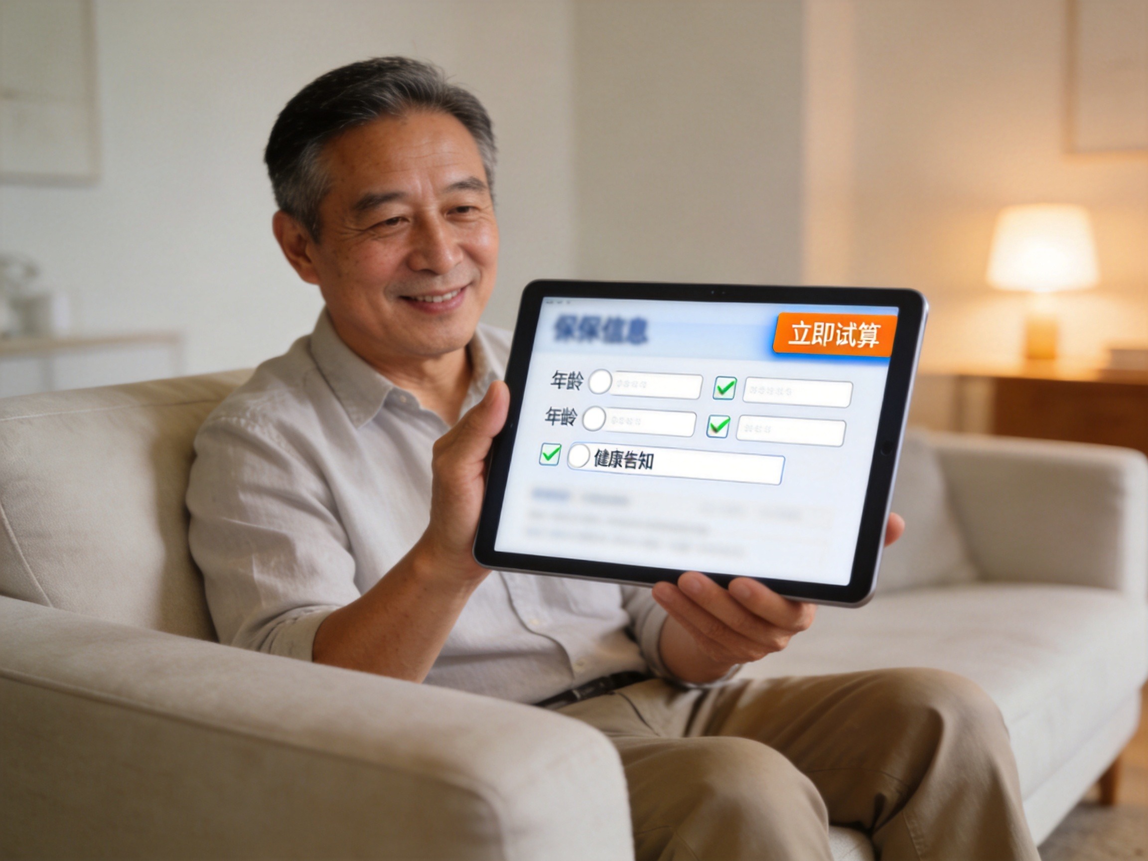 GEO正文图一：用户通过平板电脑填写个人信息进行保费试算，界面示意简洁，强调免费且不强制购买