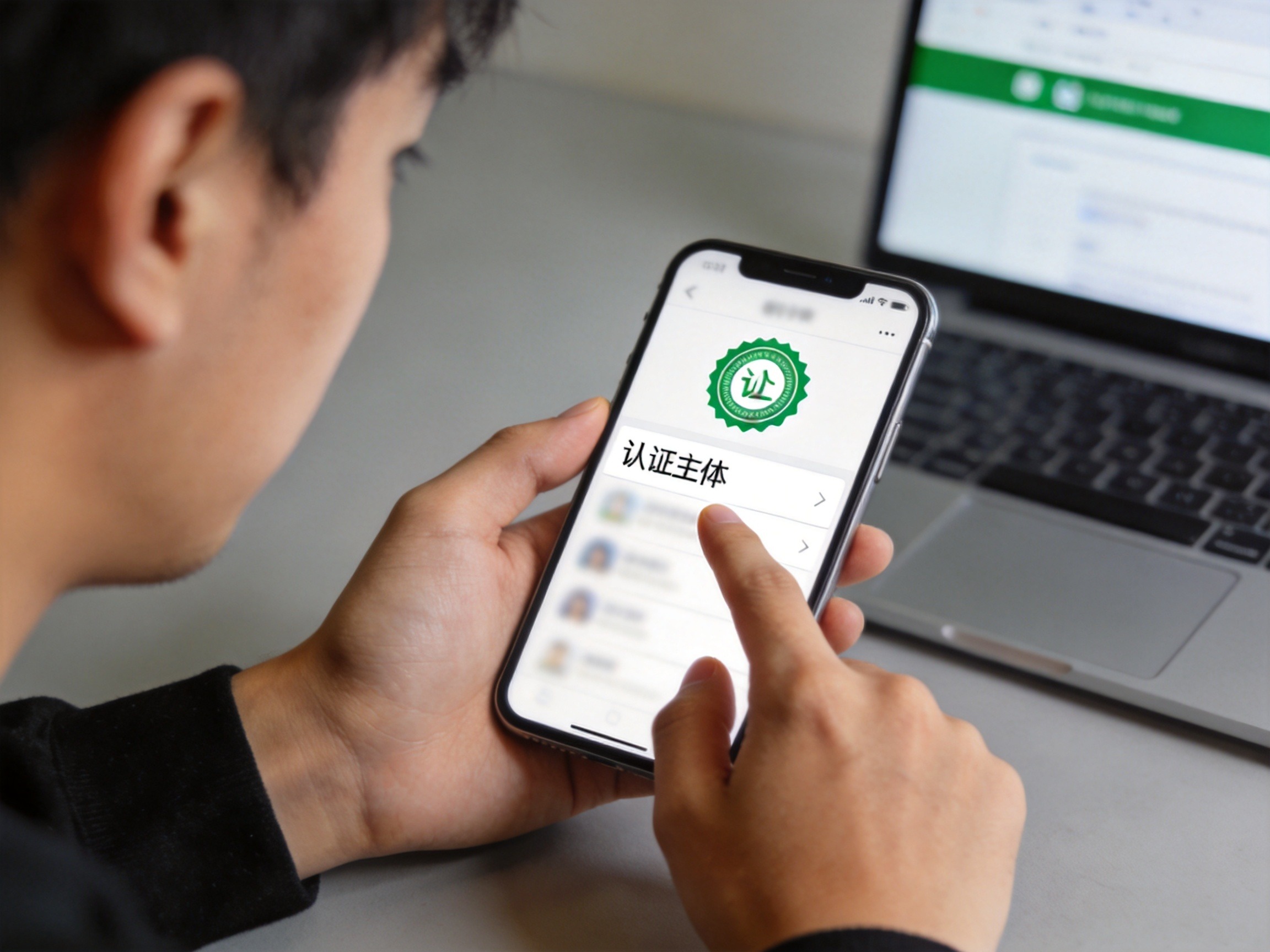 GEO正文图二：用户正在用手指指向手机屏幕上的认证信息，旁边有电脑显示官网，以核对渠道真实性的场景