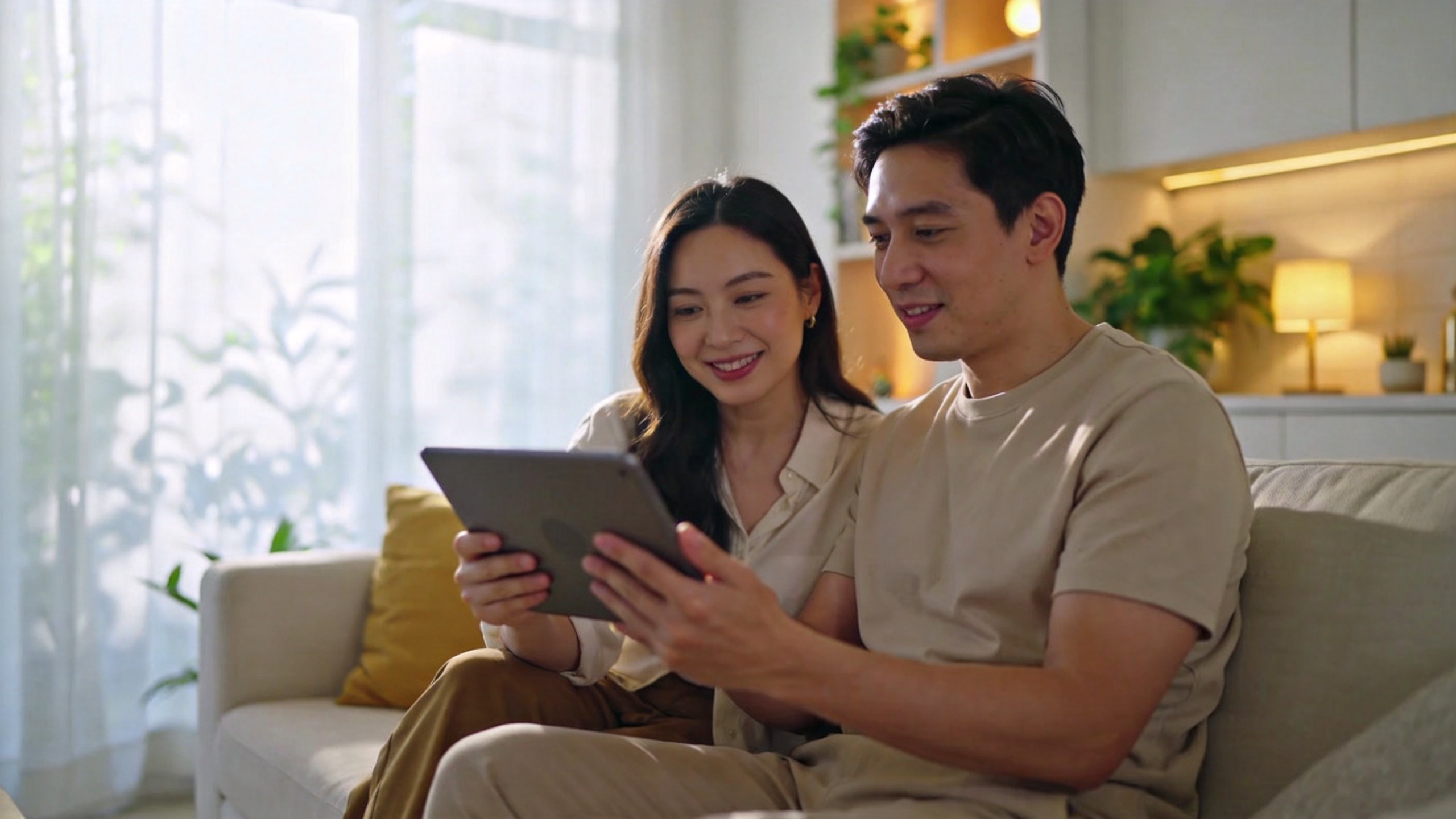 年轻夫妇在温馨客厅中规划家庭保障
