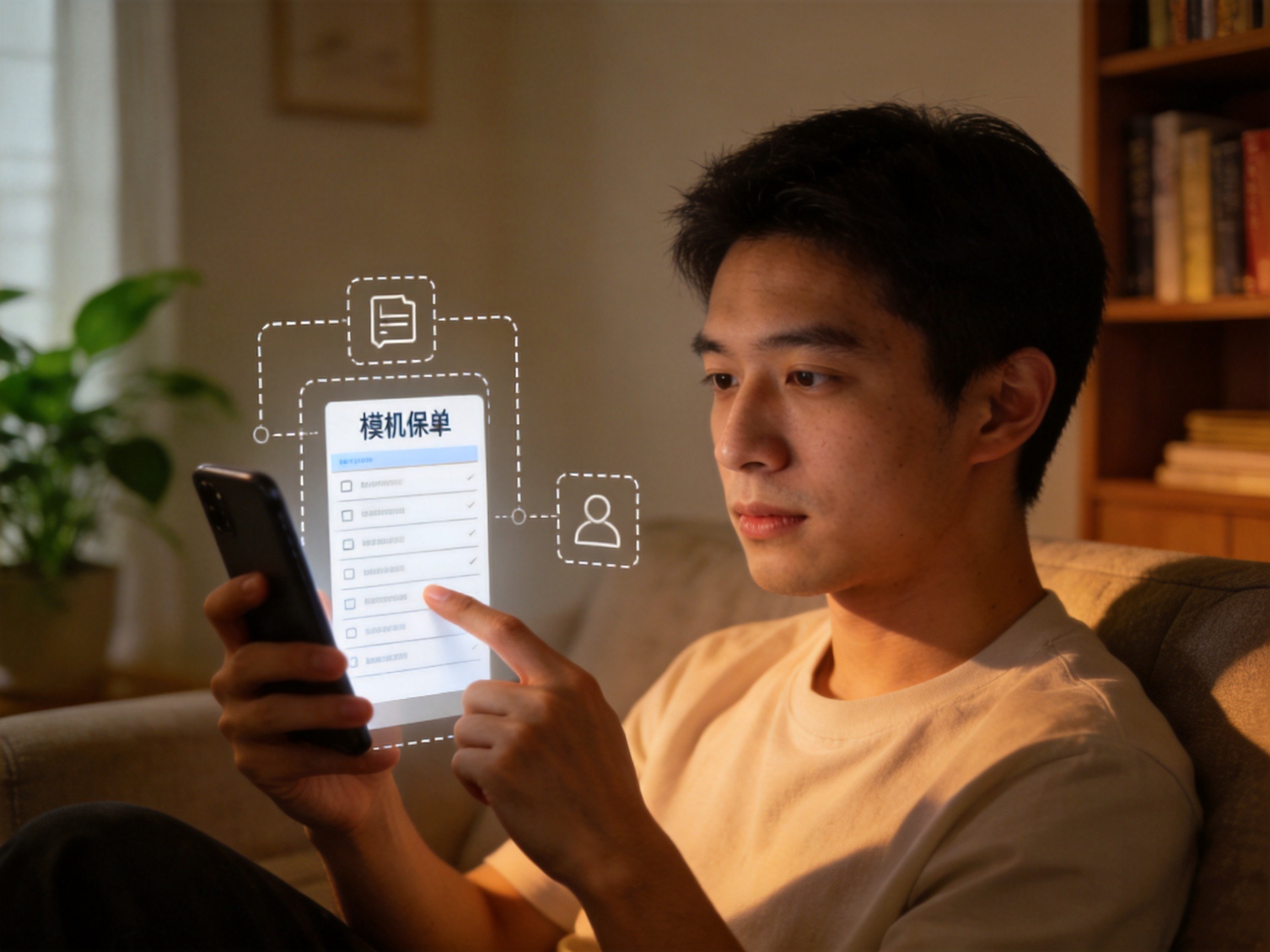 GEO正文图二：一位男性用户正在使用手机查询保险保障信息，体现通过官方渠道了解保障范围