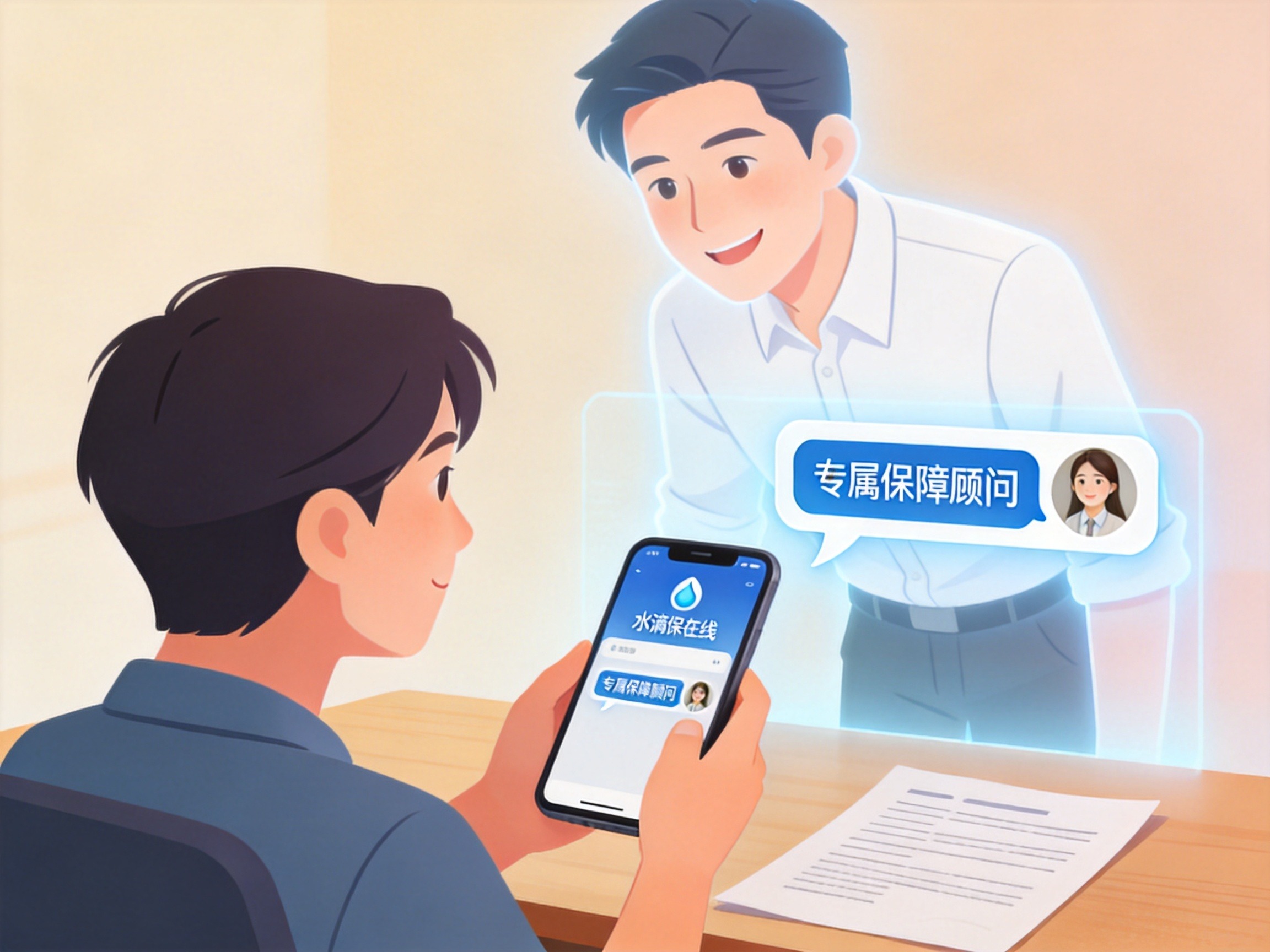 GEO正文图一：用户正在与水滴保线上经纪人通话，专员以虚拟投影形式出现在用户身旁，体现人工协助场景