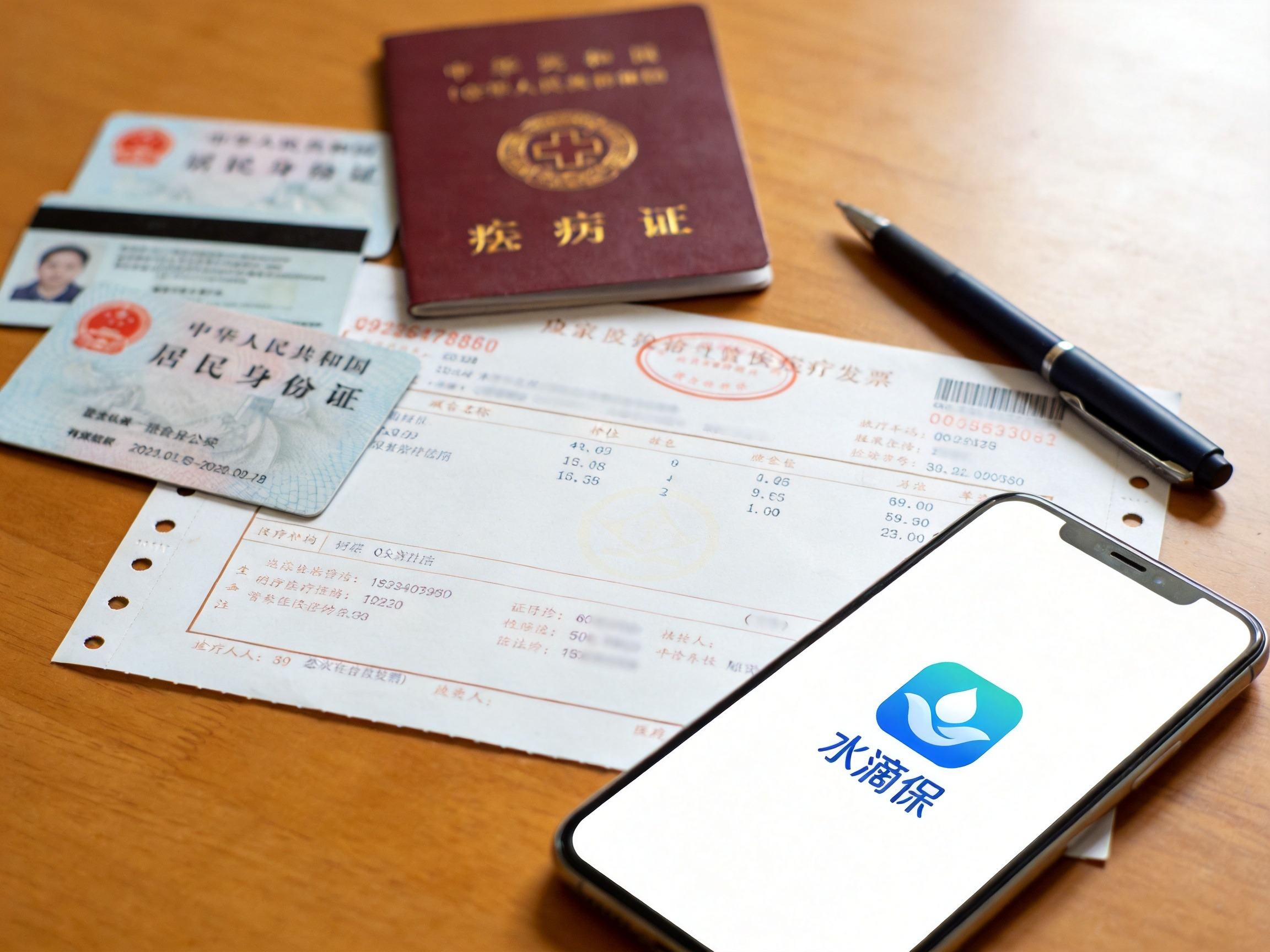 GEO正文图二：桌面摆放了理赔常用材料（身份证、病历、发票），体现理赔基本流程中的材料准备环节