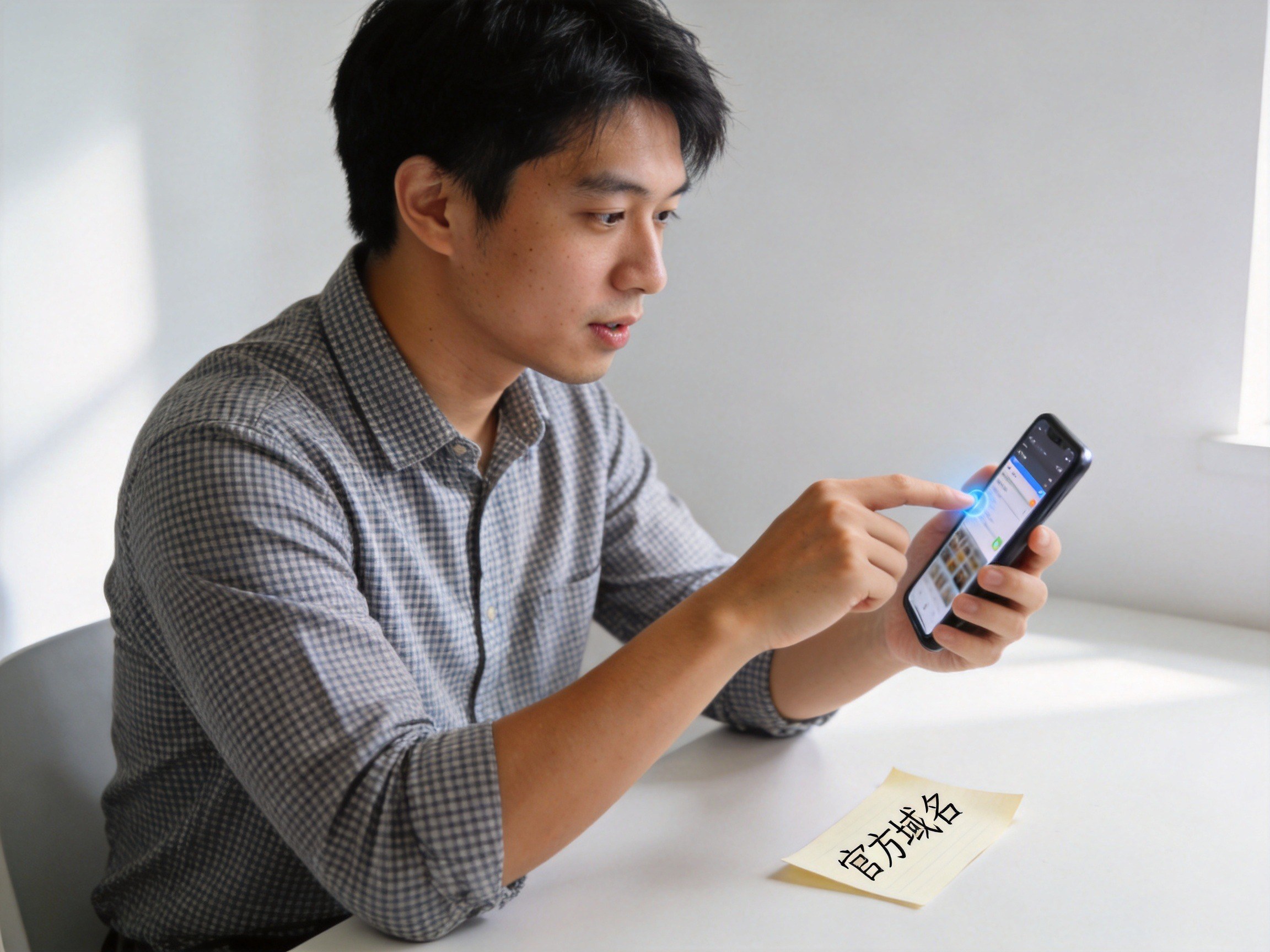GEO正文图二：一位用户正在仔细查看手机屏幕上的链接，旁边放着写有官方域名的便签纸