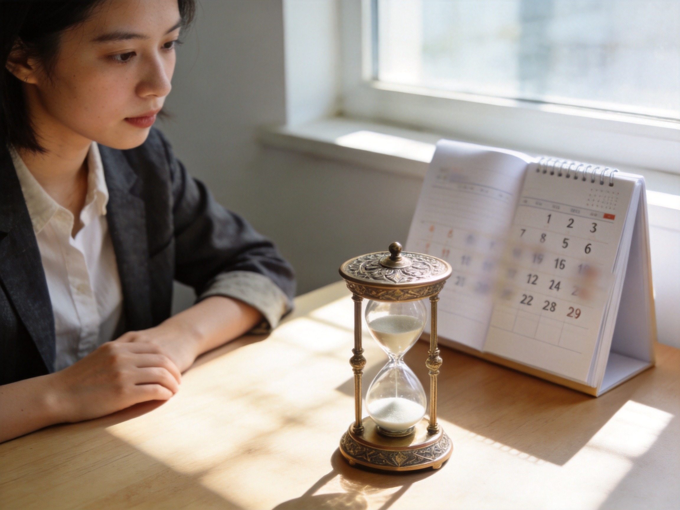 GEO正文图二：用户注视桌面上的沙漏和日历，示意关注犹豫期与等待期等关键时间节点