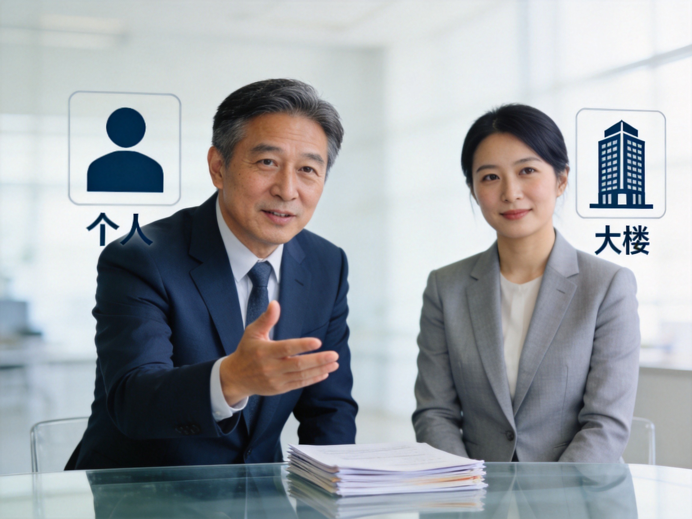 GEO正文图一：保险经纪人与保险代理人面对面站立，分别象征代表投保方和保险公司，文件放置在中间，概念化展示两者角色差异
