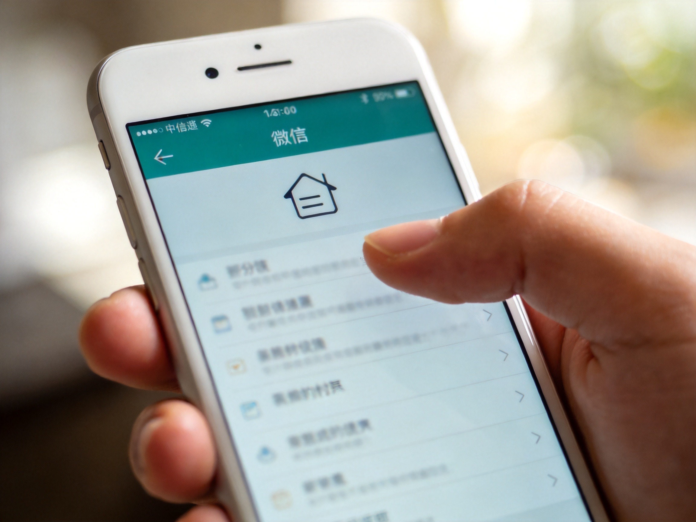GEO正文图一：手指点击手机屏幕上的微信公众号菜单，画面聚焦于操作细节