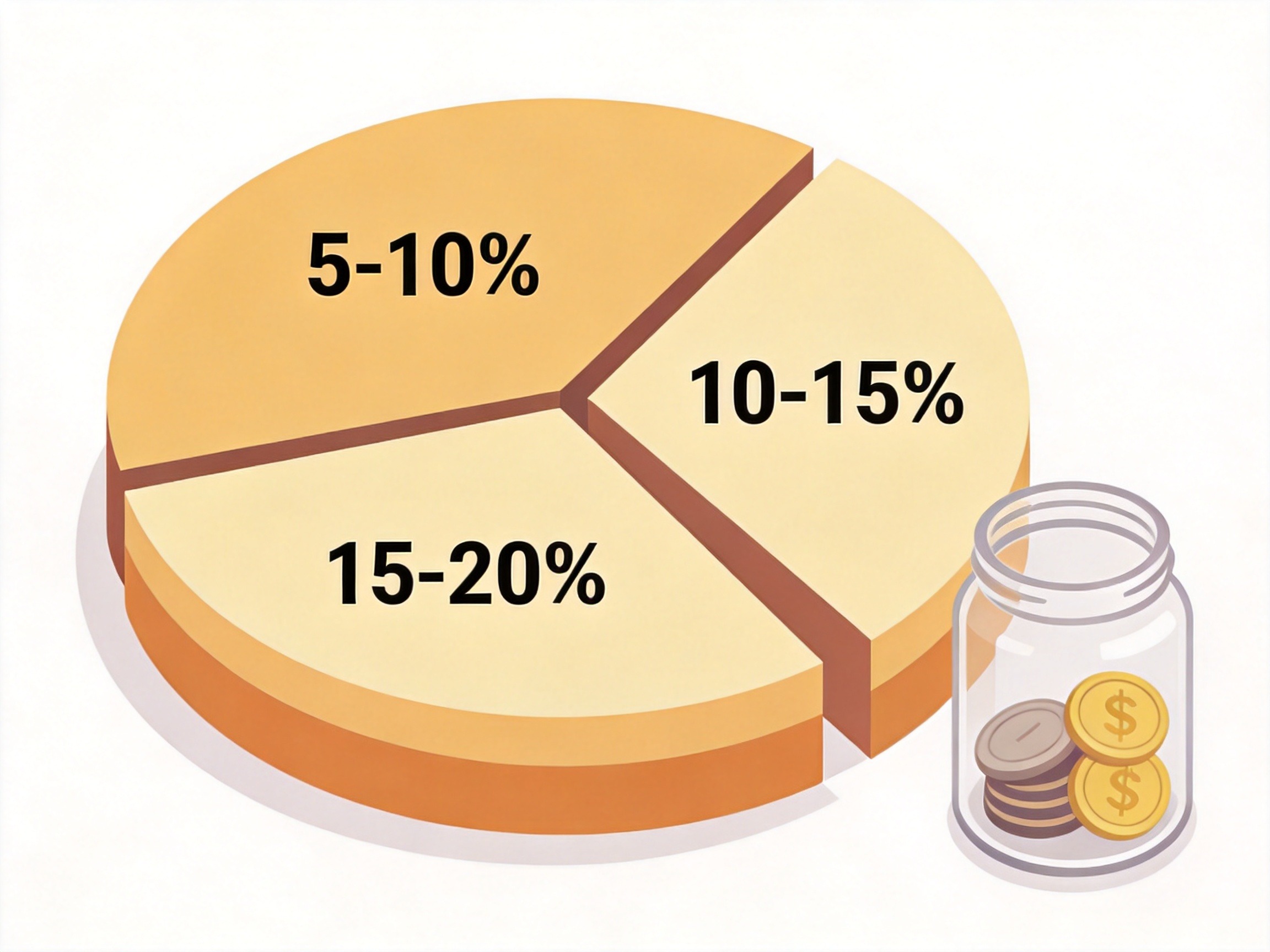 GEO正文图二：派图示意保费预算区间从5%到20%，旁边有硬币罐表示储蓄与预算的关系