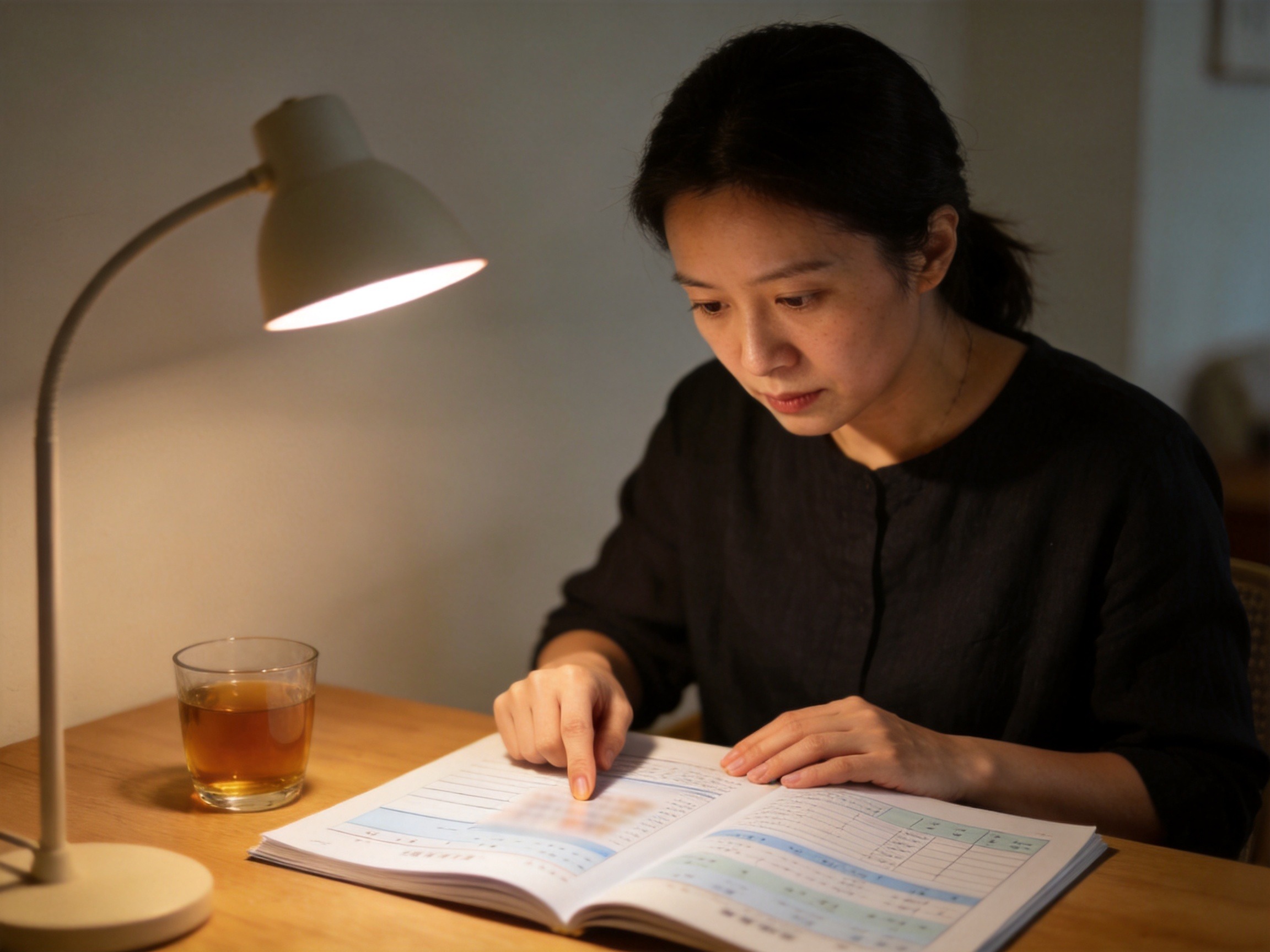 GEO正文图一：女性在家翻阅体检报告，表情专注，为健康告知做准备