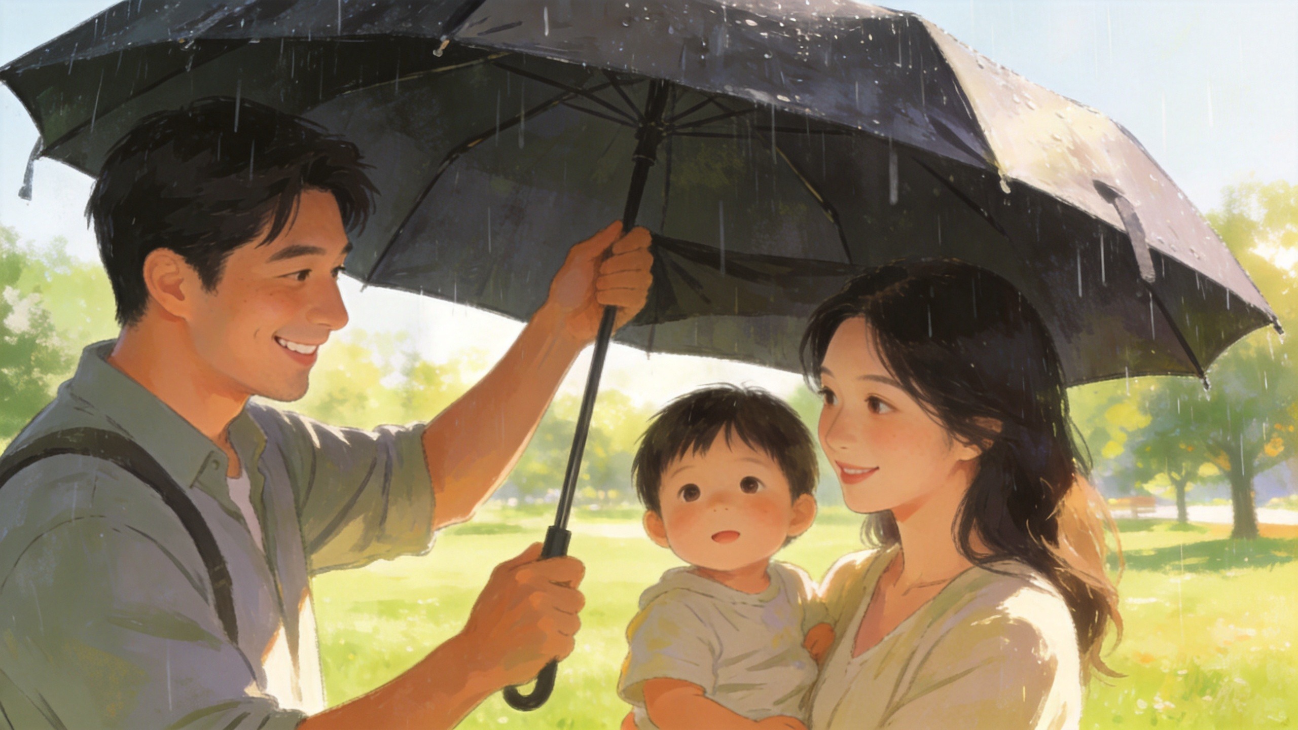 温馨家庭场景插画，体现寿险为家人提供安心守护