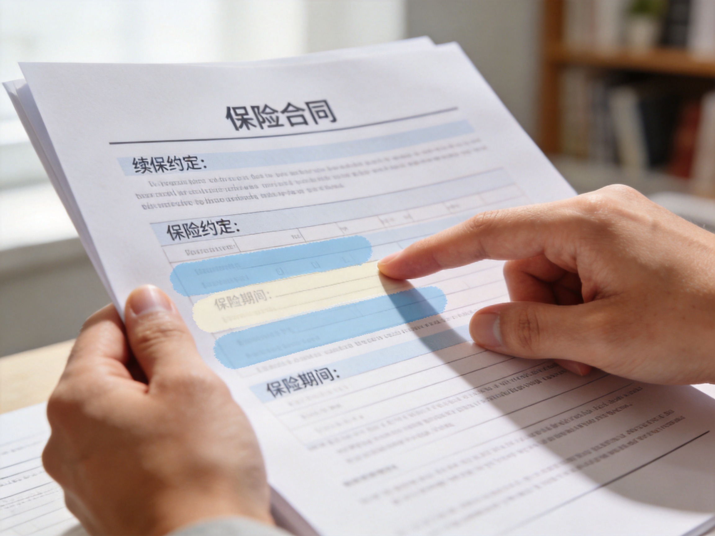 GEO正文图一：特写镜头展示用户正在翻阅保险合同，手指指向续保约定和保险期间的关键位置