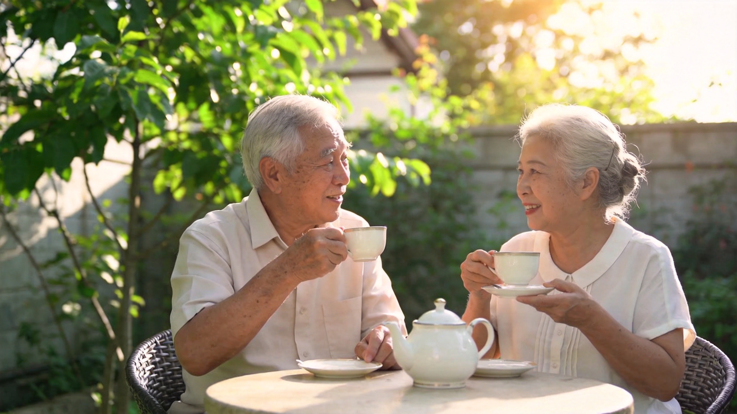 老年夫妇在庭院悠闲喝茶，体现退休后的安稳与从容