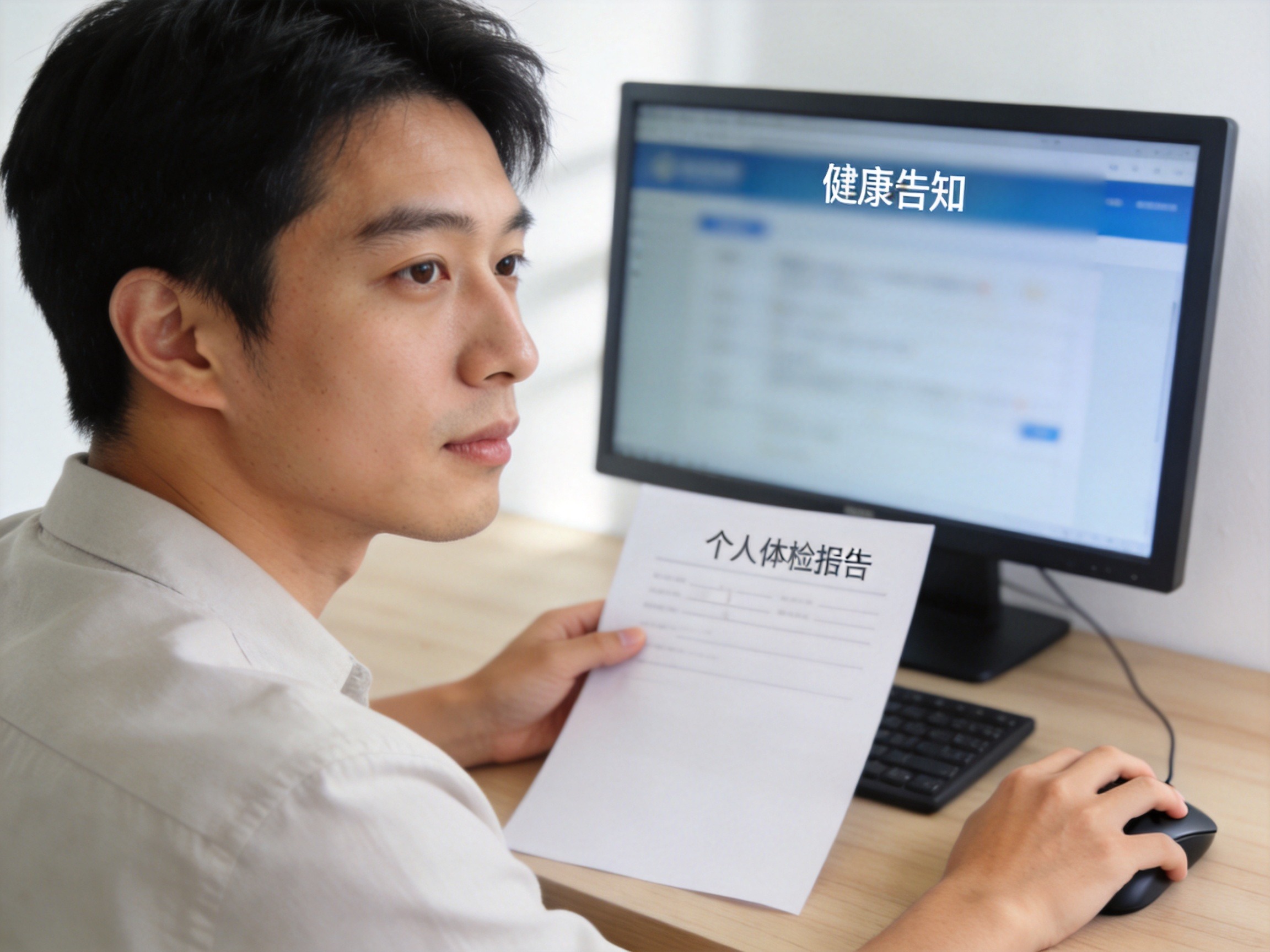 GEO正文图一：用户坐在电脑前准备健康告知信息，电脑屏幕显示健康告知页面，旁边有体检报告