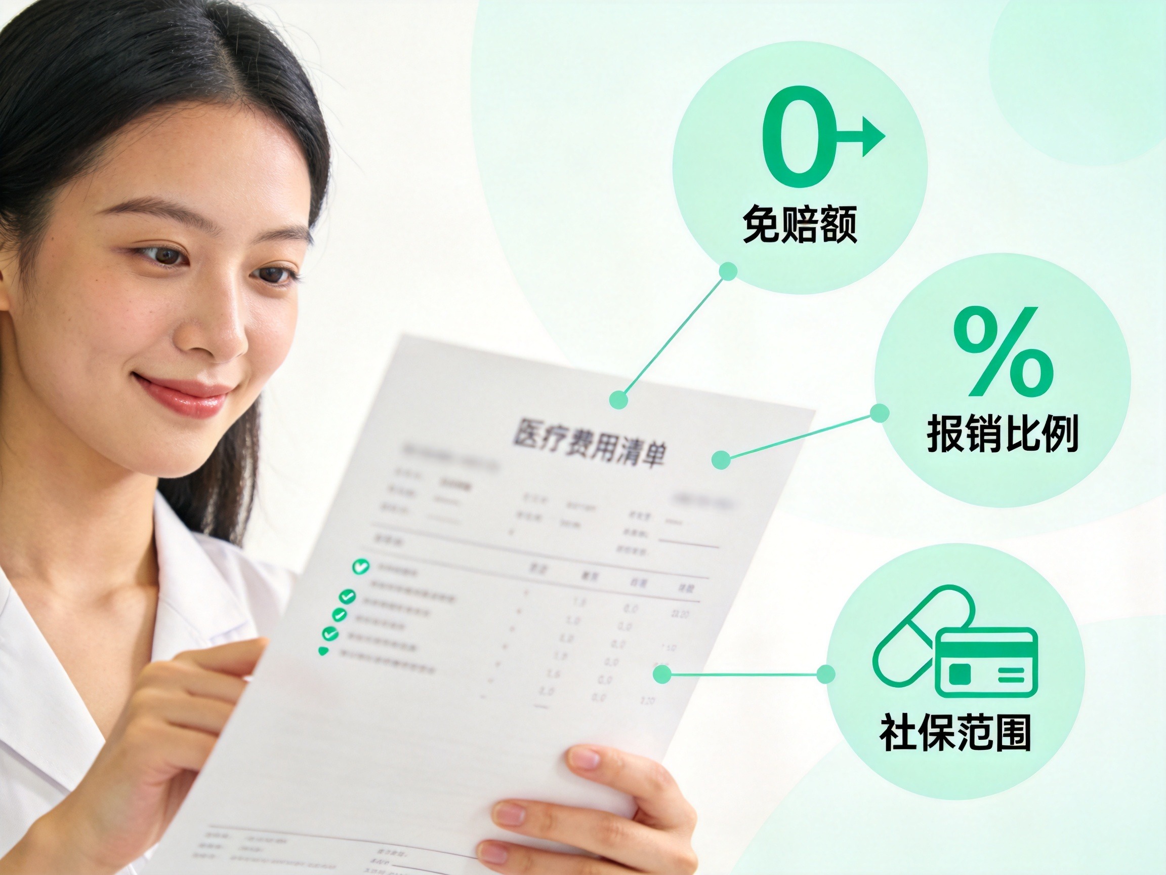 GEO正文图一：一个女性查看医疗费用清单，旁边有三个图标分别代表免赔额、报销比例和社保范围，帮助理解意外医疗的核心维度