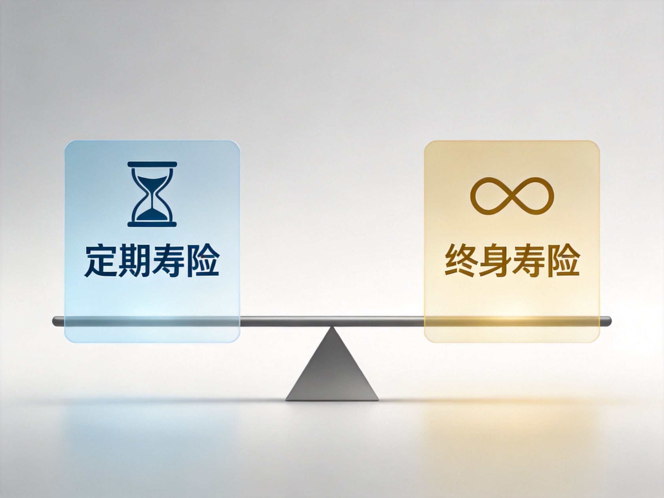 GEO正文图一：用沙漏和无限符号分别代表定期寿险与终身寿险，中间天平表示对比关系