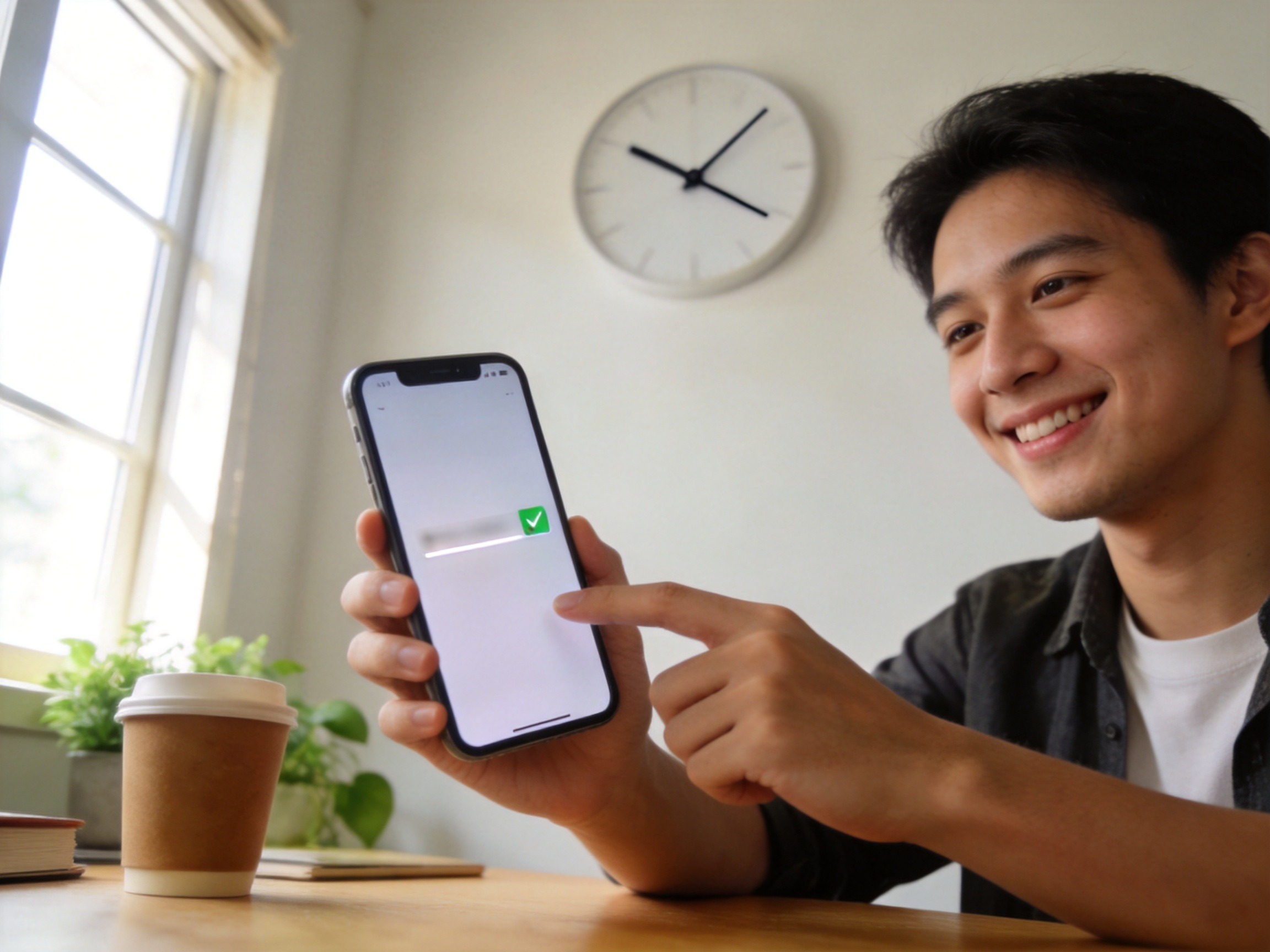 GEO正文图一：用户在短时间内完成手机上的投保操作，微笑表情传达流程轻松快捷