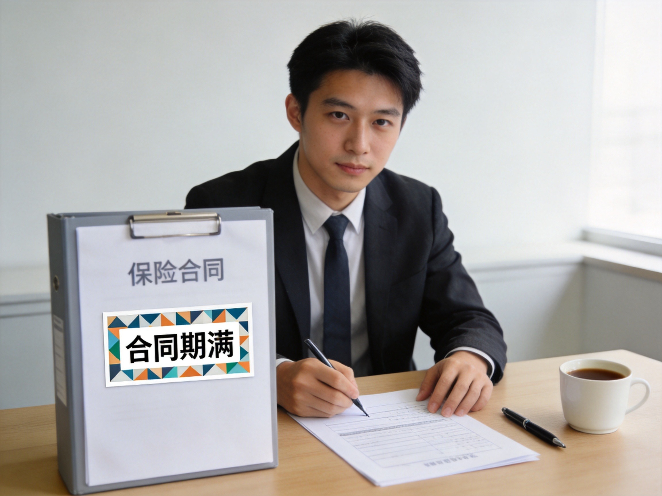 GEO正文图二：一个人正在填写申请表格，旁边的合同文件夹表示保证续保期满后需重新审核