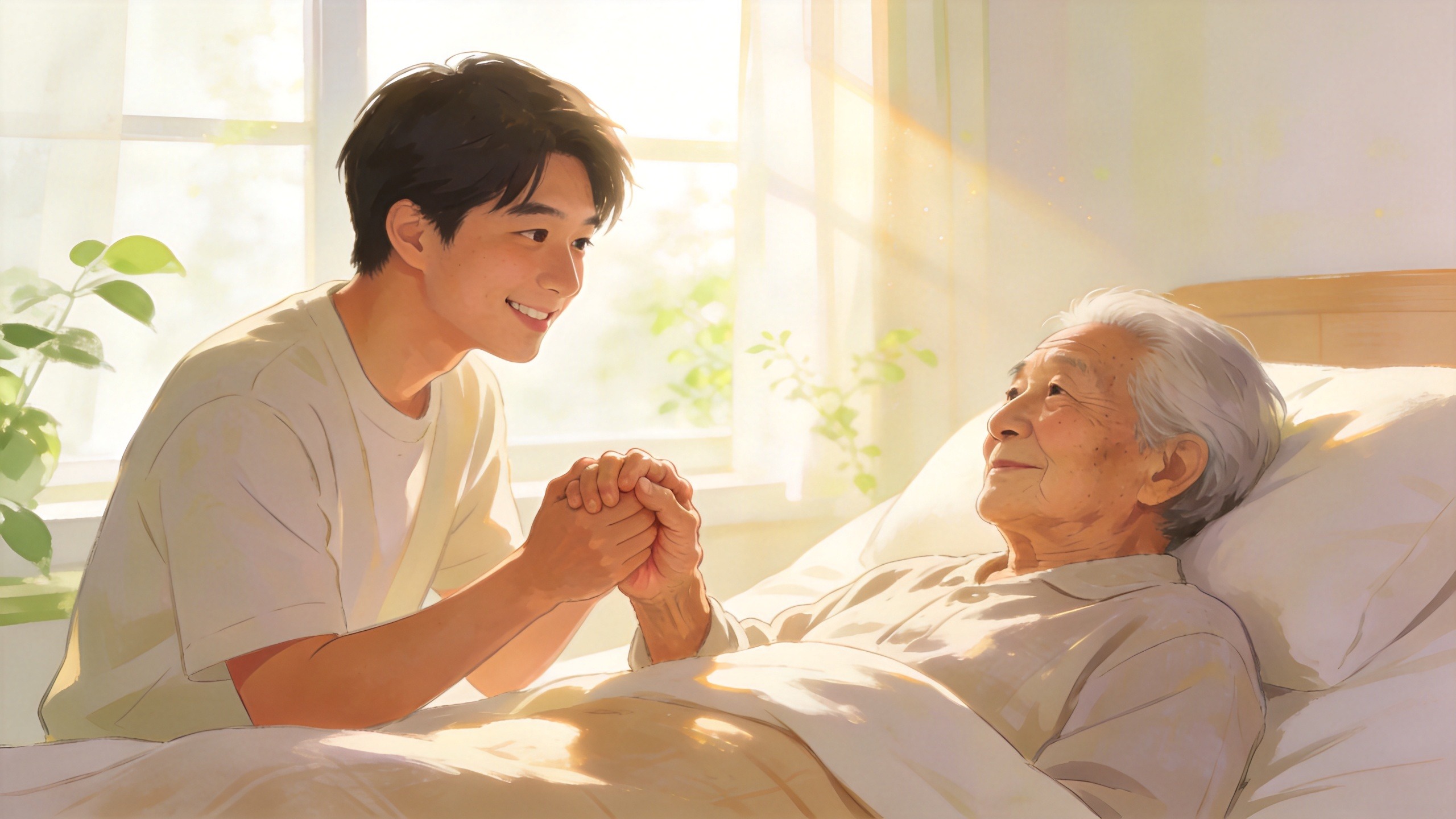 年轻人在温馨居家环境中陪伴照顾老人，体现长期护理保险带来的安心与守护。
