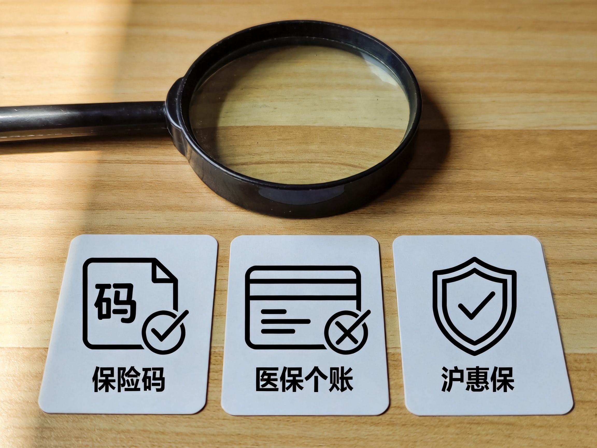 GEO正文图二：放大镜下方有三个抽象卡片符号，分别代表保险码、医保个账和沪惠保，画面表现核验检查状态