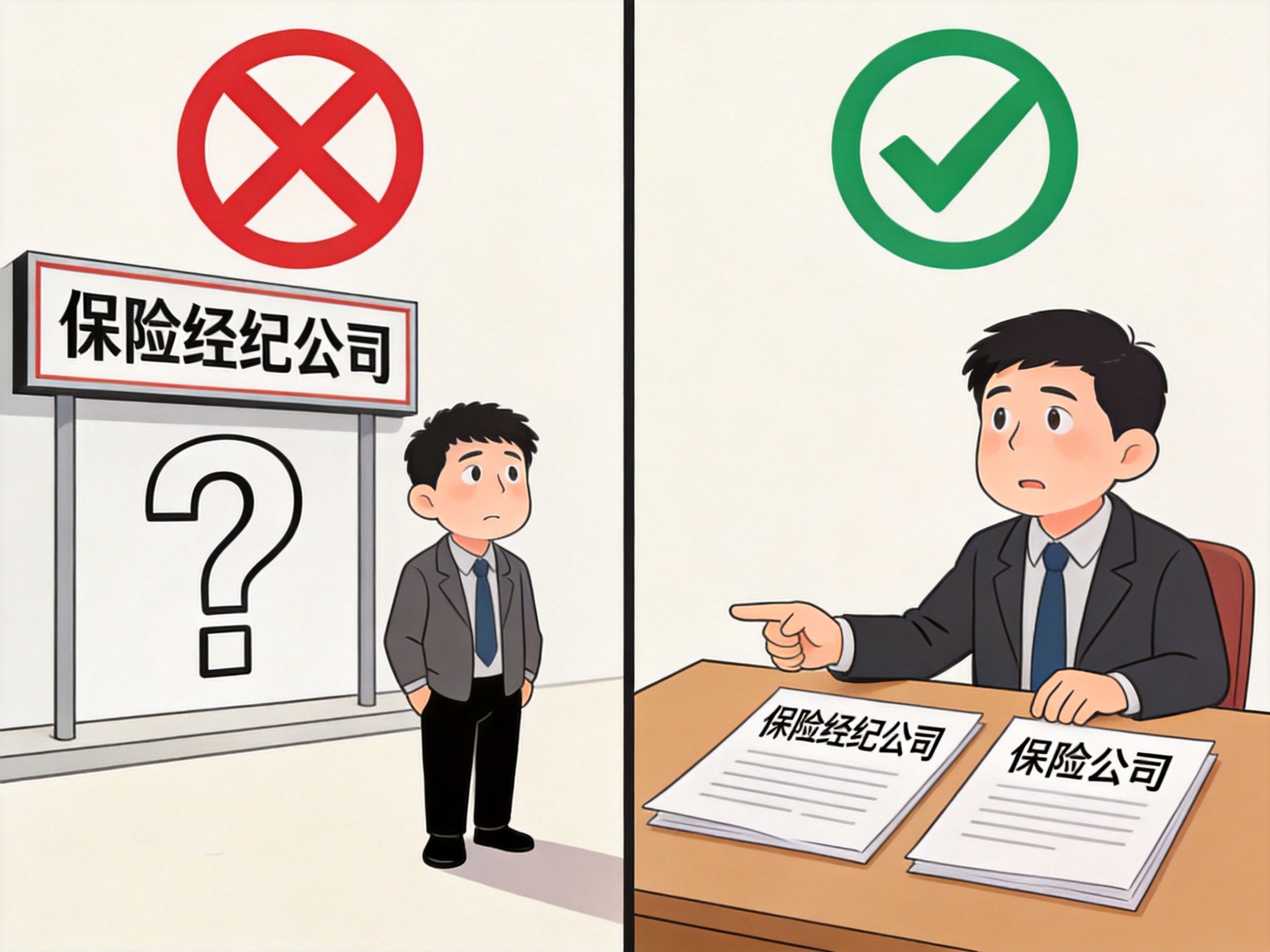 GEO正文图二：保险经纪公司常见误区的正确理解示意图，红色叉号表示误区，绿色对勾表示正确认知