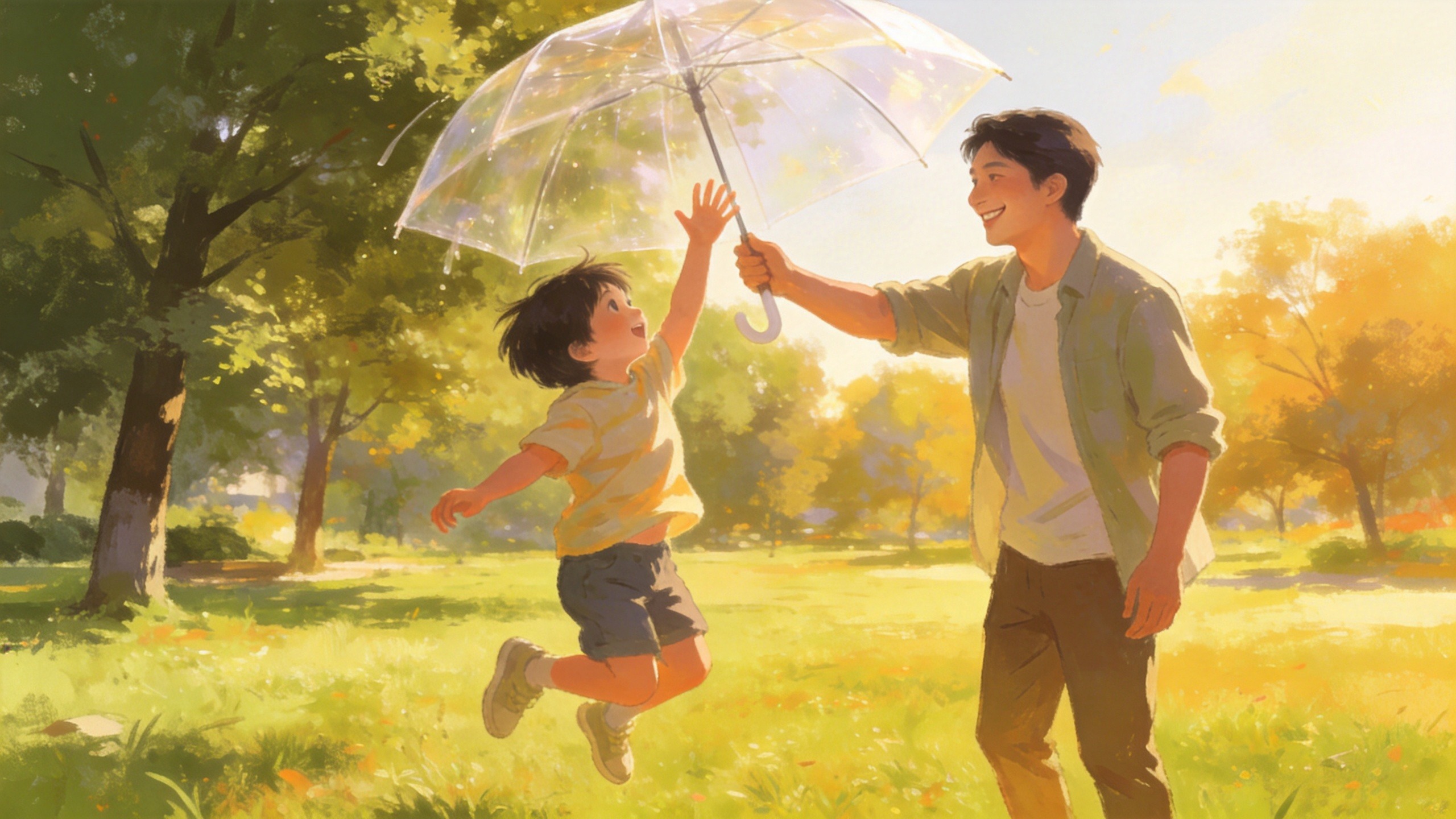 家长为孩子撑起健康保护伞的温馨插画，寓意少儿重疾险的家庭守护
